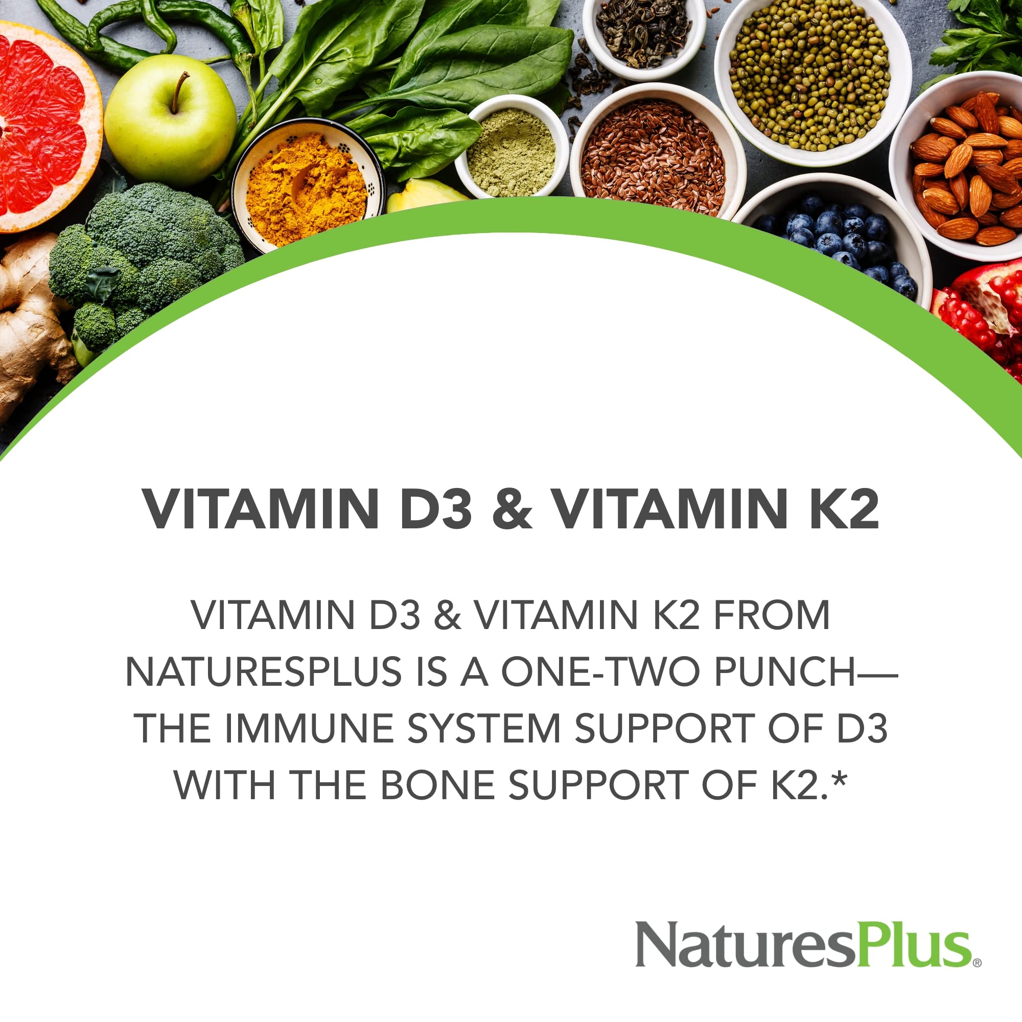 NaturesPlus D3 1000 IU & K2 100 mcg – Vegetarian, Gluten Free – 90 Capsules