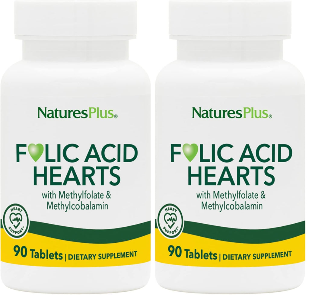 NaturesPlus Folic Acid Hearts (Methylfolate) - 400 mcg, 90 Veg Tablets + B6 & B12 - Gluten Free - Pack of 2