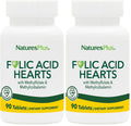 NaturesPlus Folic Acid Hearts (Methylfolate) - 400 mcg, 90 Veg Tablets + B6 & B12 - Gluten Free - Pack of 2