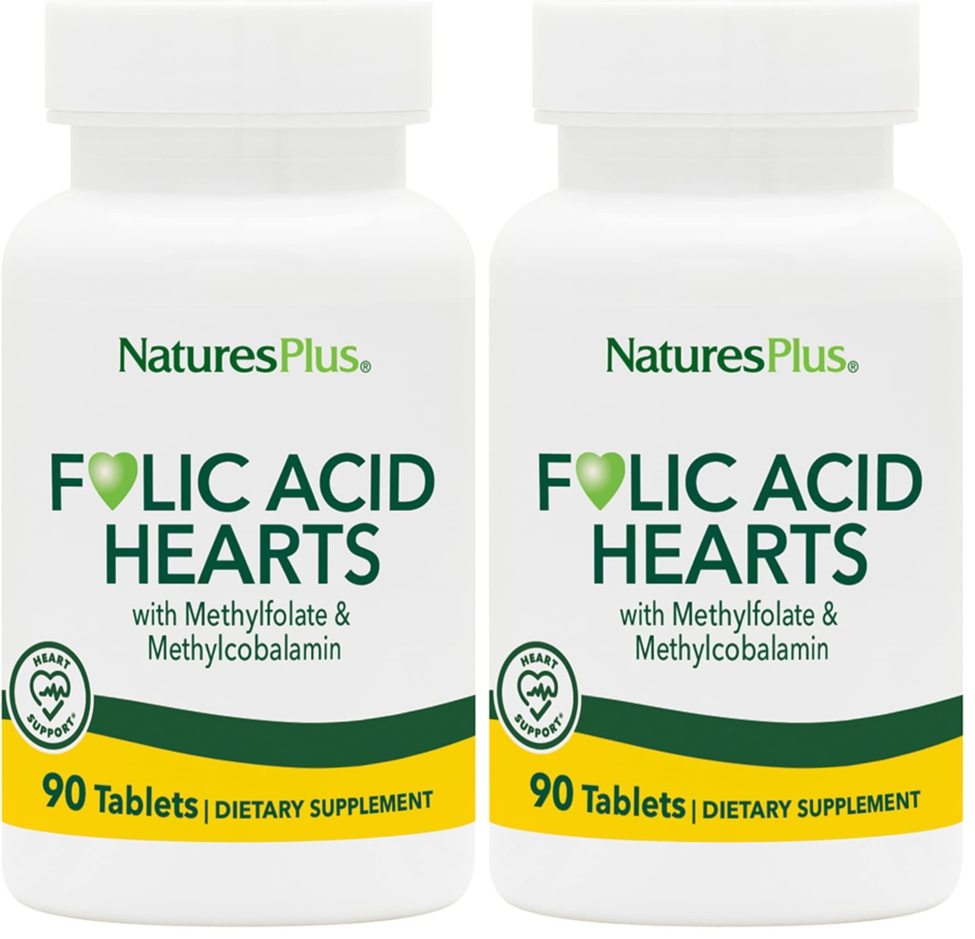 NaturesPlus Folic Acid Hearts (Methylfolate) - 400 mcg, 90 Veg Tablets + B6 & B12 - Gluten Free - Pack of 2