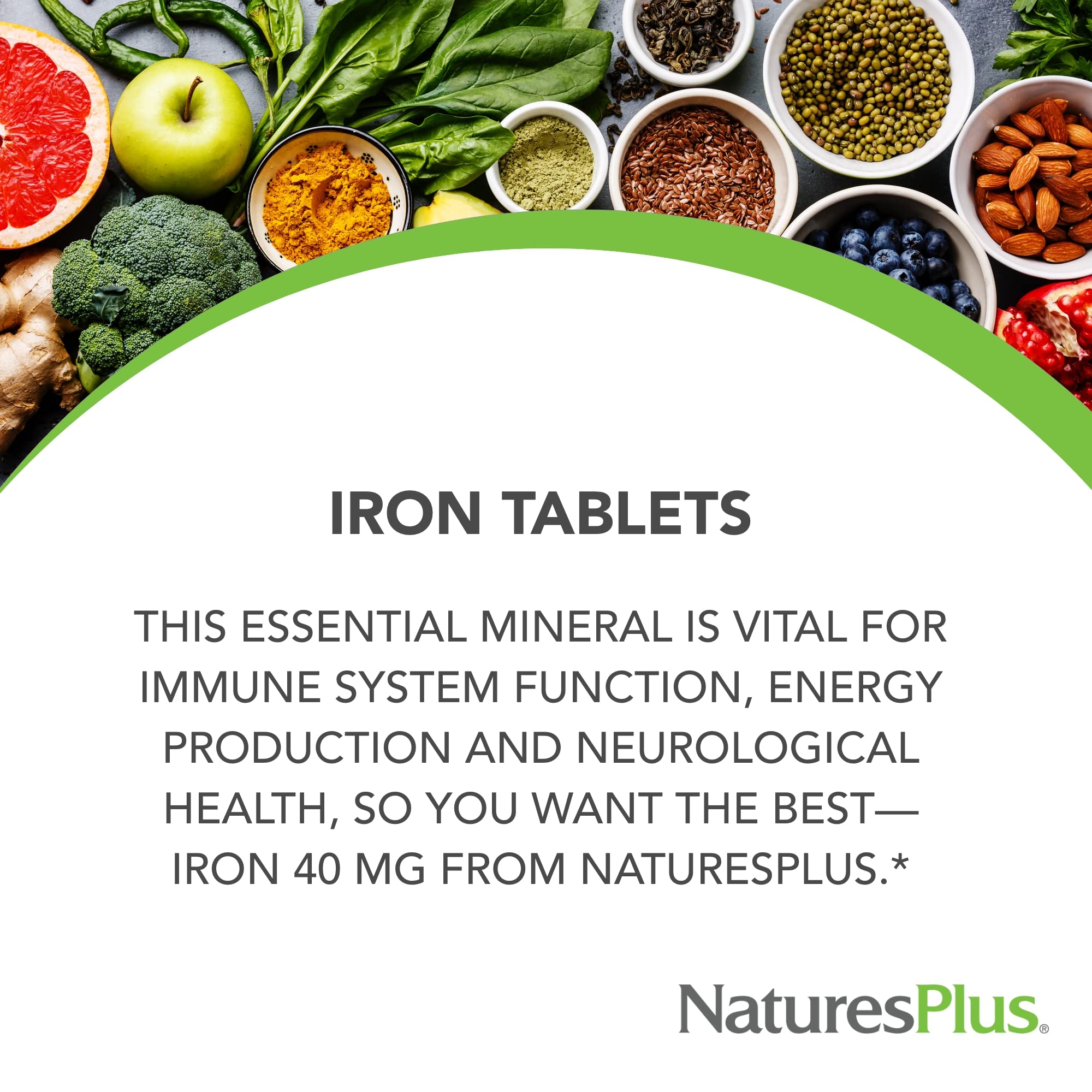 NaturesPlus Iron - 40 mg, 90 Tablets, Vegetarian & Gluten Free | 45 Servings