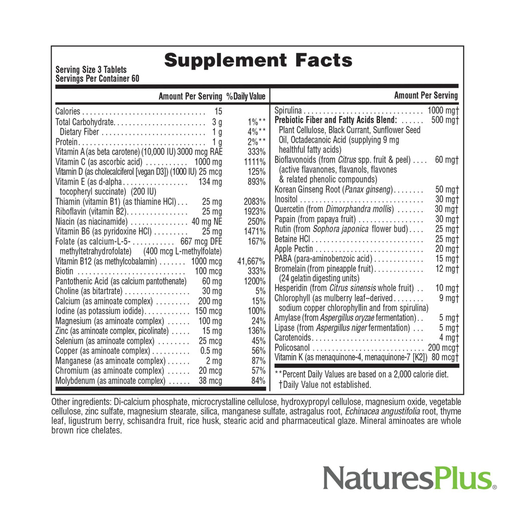 NaturesPlus Source of Life No Iron - 180 Tablets | 60 Servings - Gluten Free, Vegetarian Multivitamin & Mineral