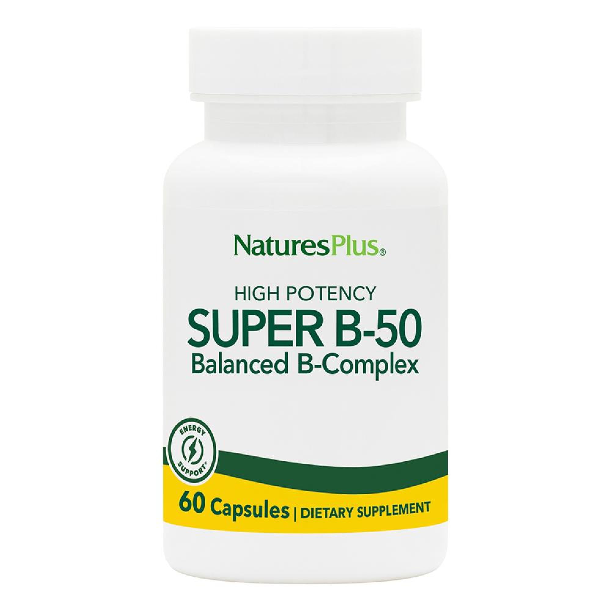NaturesPlus Super B50-60 Vegetarian Capsules – High Potency B Complex, Gluten-Free, 60 Servings