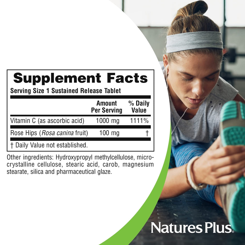 NaturesPlus Sustained Release Vitamin C 1000 mg – 60 Tablets (Rose Hips) – Vegetarian & Gluten Free | 60 Servings