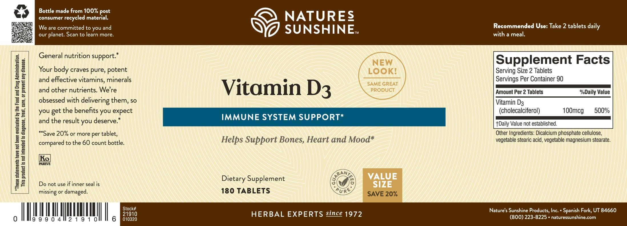 Nature's Sunshine Vitamin D3, 180 Tablets | Supports Bone Health, Overall Wellness, and May Improve Mood