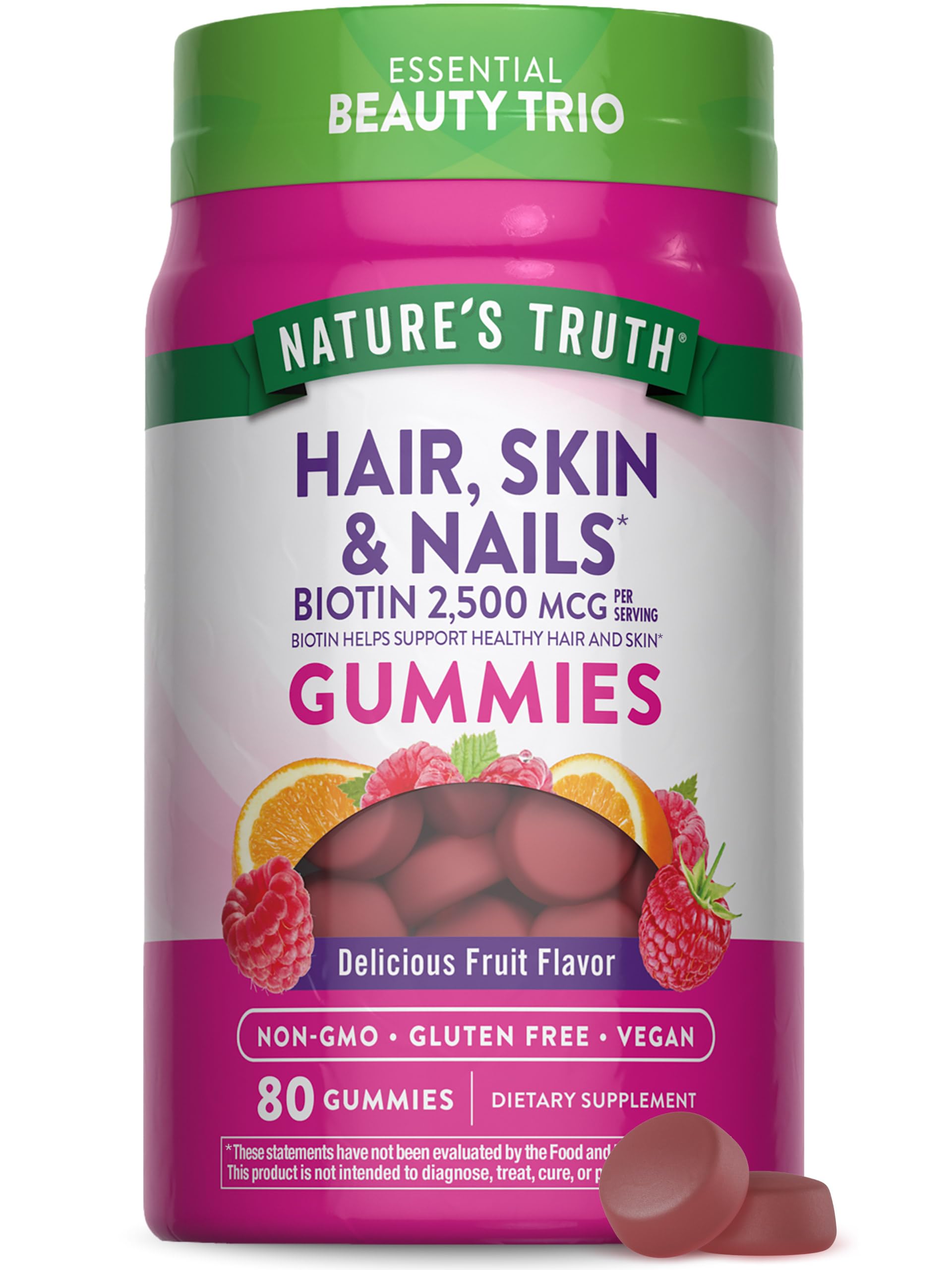 Nature's Truth Hair Skin Nails Gummies - 80 Count, 2500mcg Biotin | Vegan