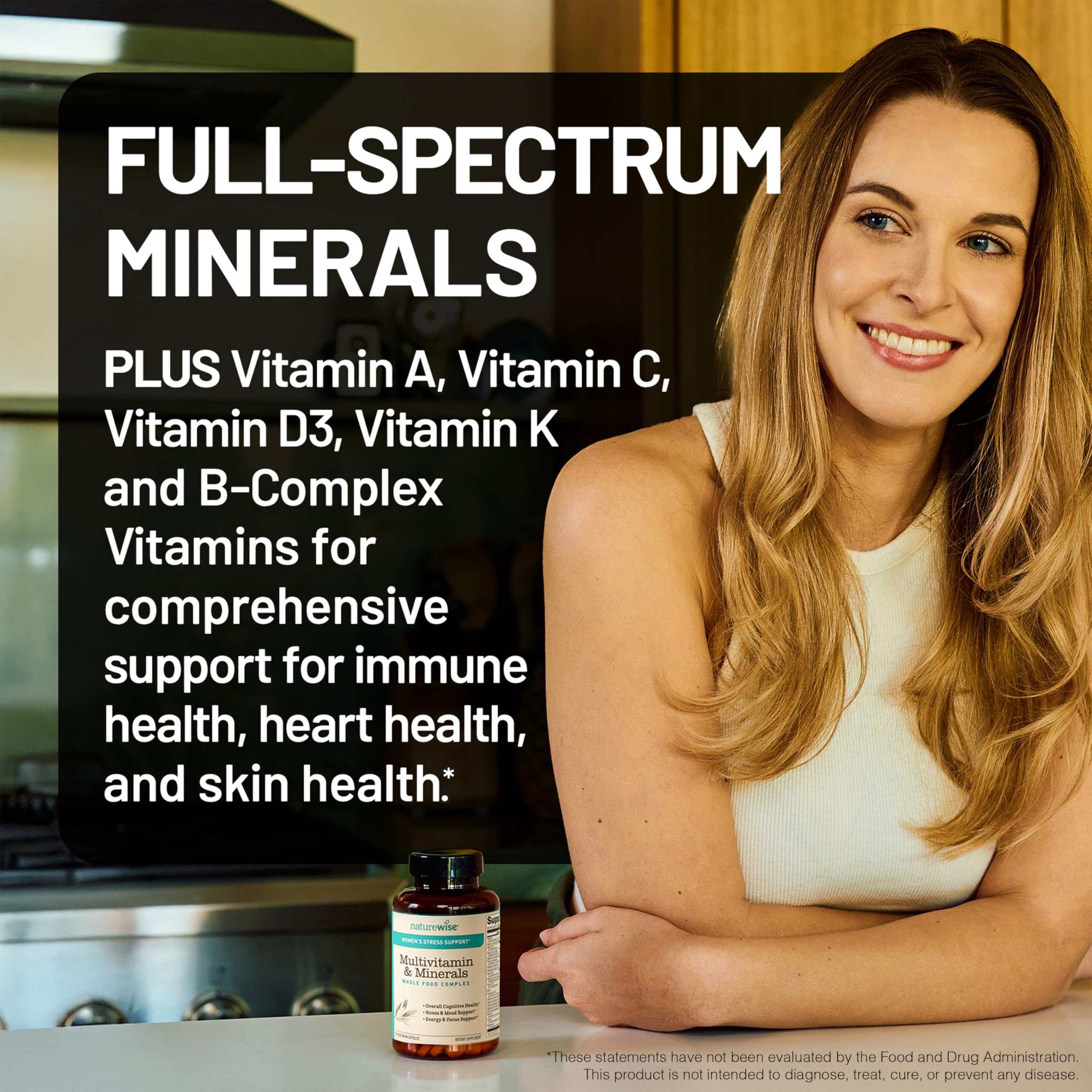 NatureWise Women's Multivitamin with Stress Support – Immunity, Hair, Skin & Nails | Organic Whole Foods, Non-GMO | 60 Capsules
