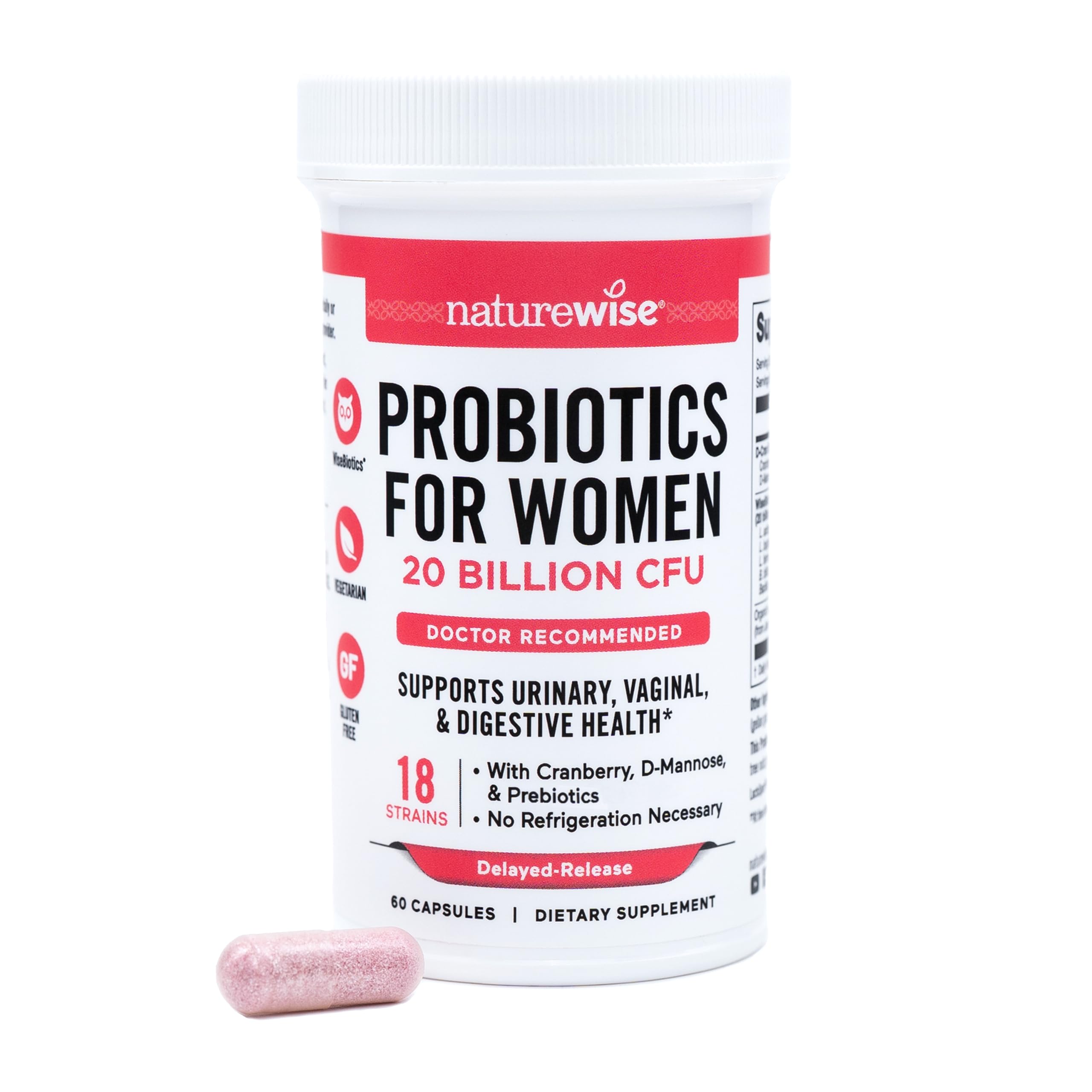 NatureWise Probiotics for Women + Organic Prebiotics, D-Mannose & Cranberry – Vaginal pH Balance, Digestive & Urinary Health | 18 Strains, 20 Billion CFU, 60 Capsules (60-Day Supply)