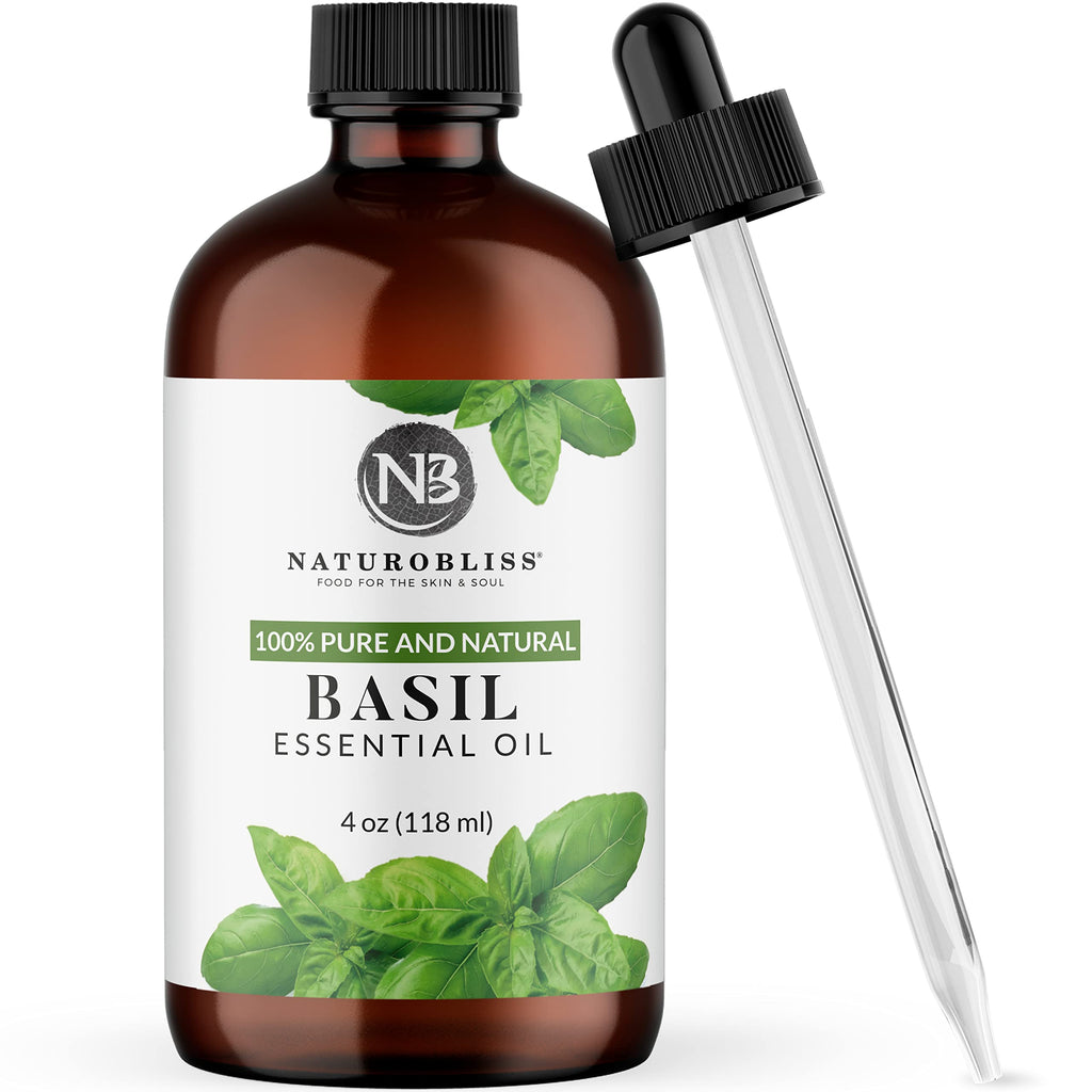 NaturoBliss 100% Pure Basil Essential Oil – Therapeutic Grade, 4 fl oz | Glass Dropper