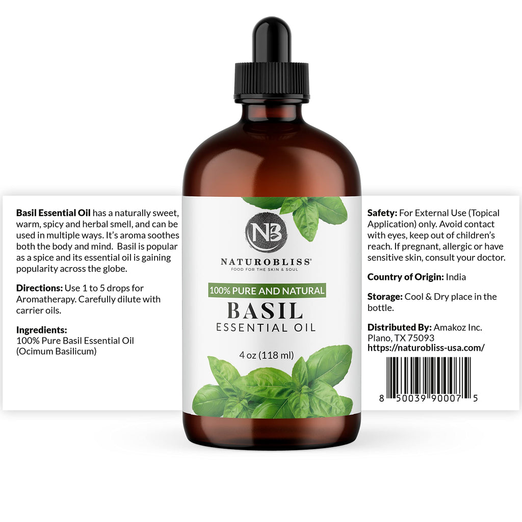 NaturoBliss 100% Pure Basil Essential Oil – Therapeutic Grade, 4 fl oz | Glass Dropper