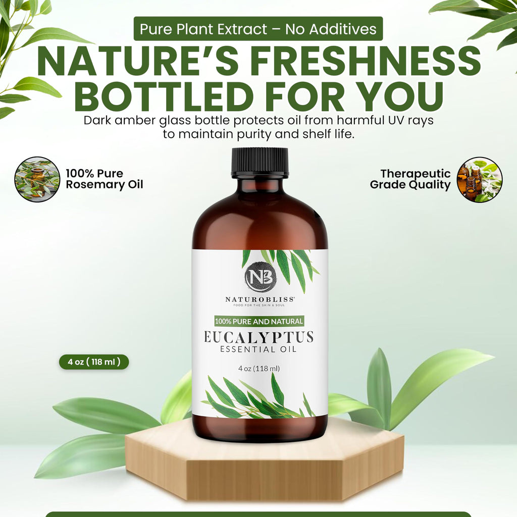 NaturoBliss 100% Pure Eucalyptus Essential Oil (4oz) – Undiluted, Therapeutic Grade Aromatherapy