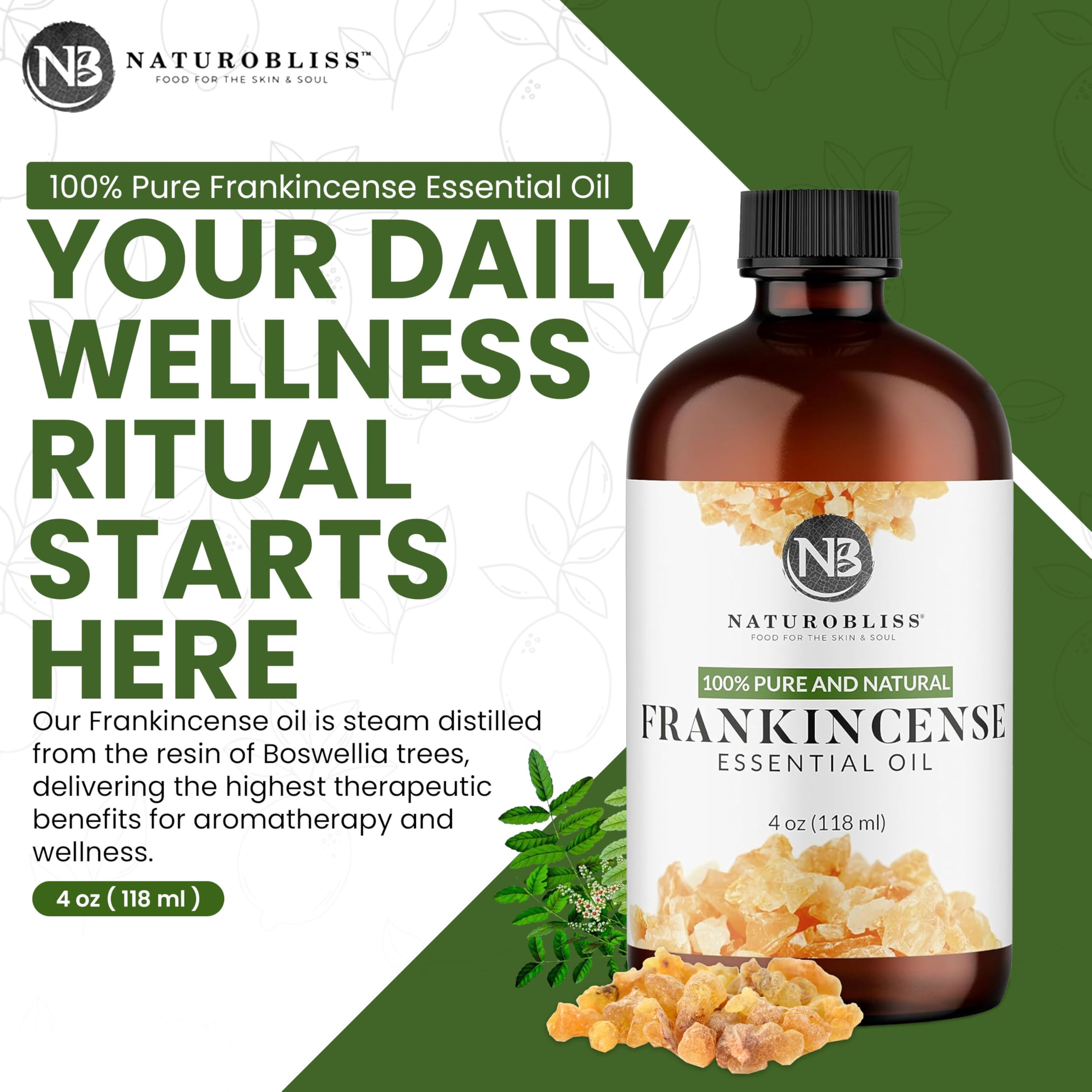 NaturoBliss 100% Pure Frankincense Essential Oil – 4 fl oz | Therapeutic Grade with Glass Dropper