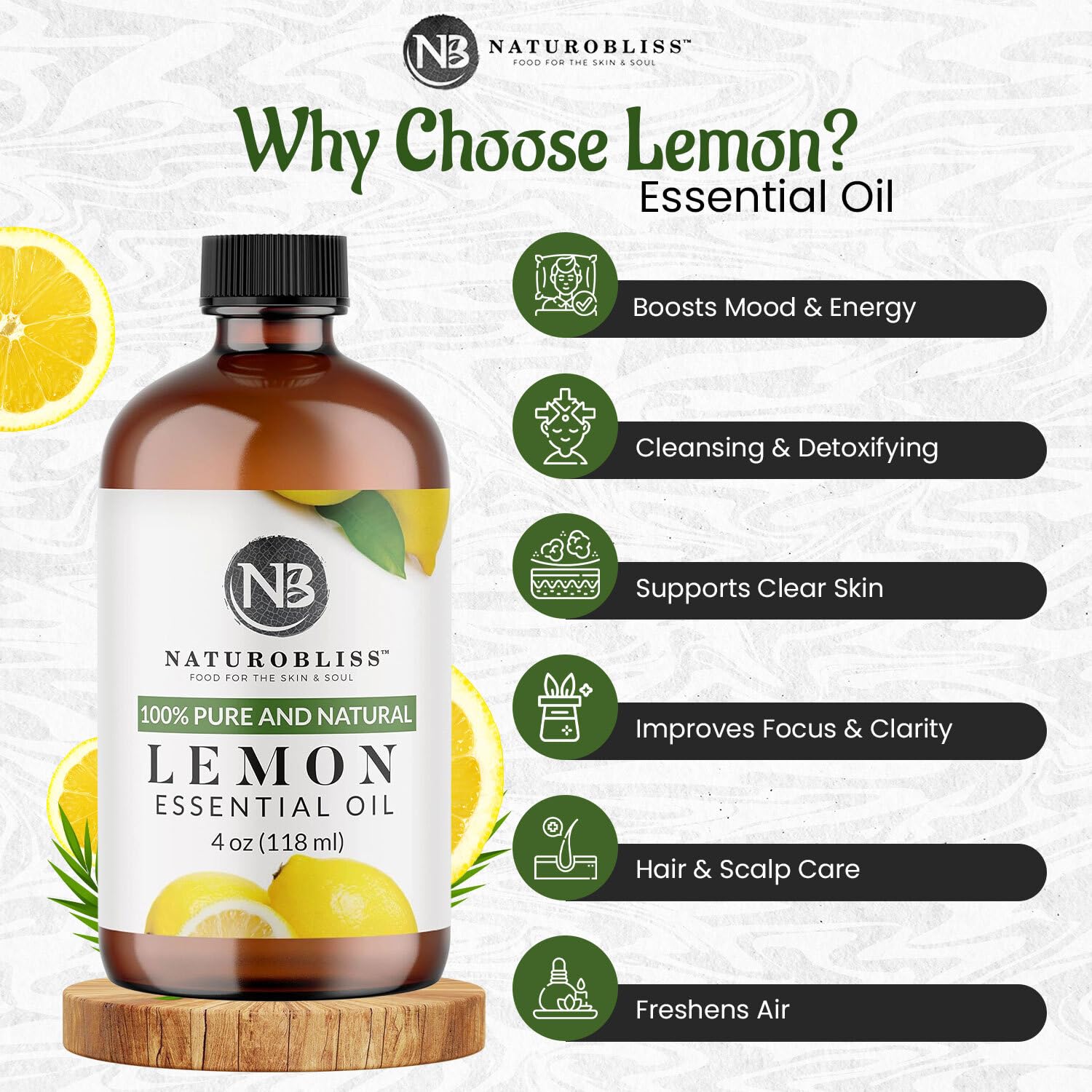 NaturoBliss 100% Pure Lemon Essential Oil – Therapeutic Grade, 4 oz with Glass Dropper