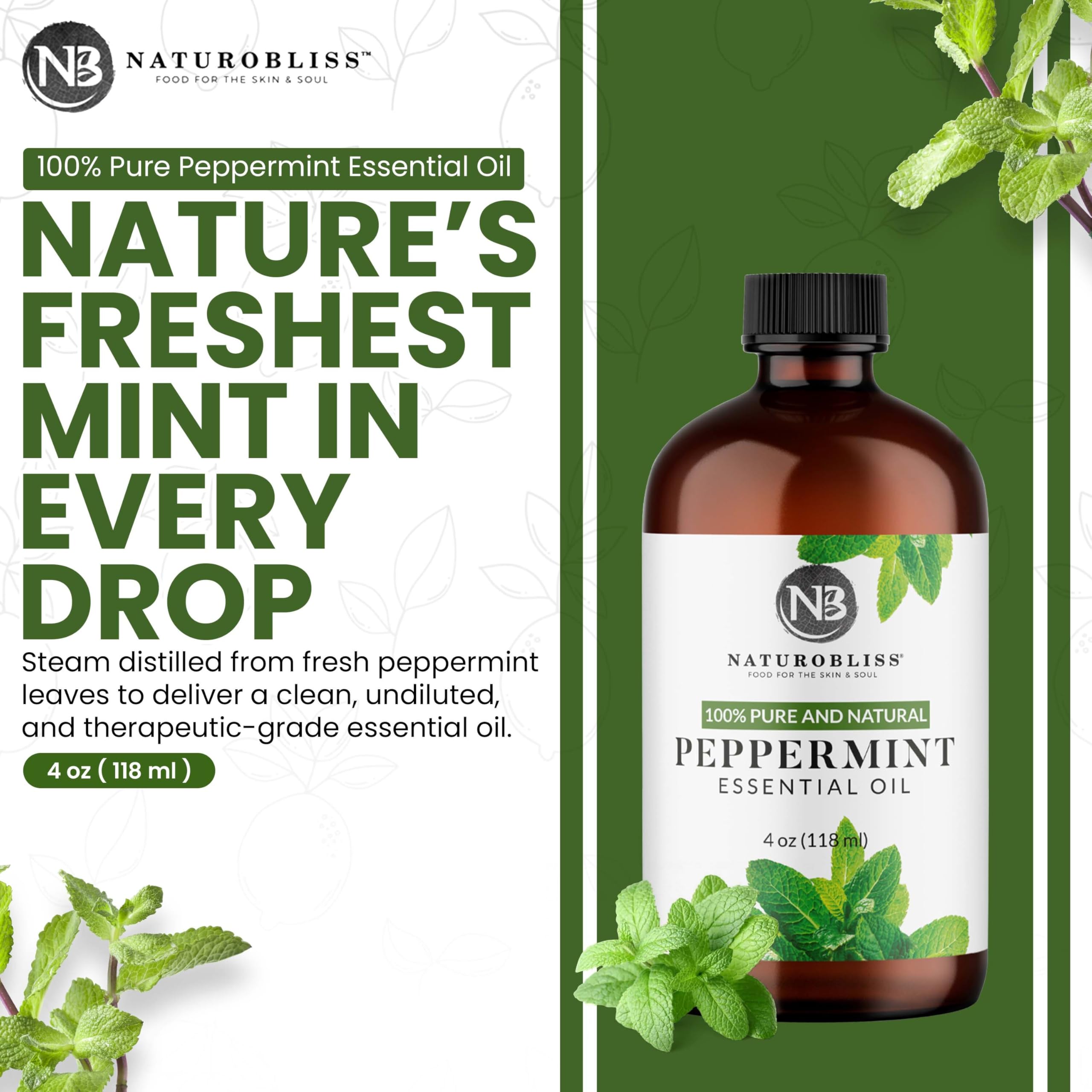 NaturoBliss Peppermint Essential Oil 4 oz | 100% Pure & Therapeutic Grade
