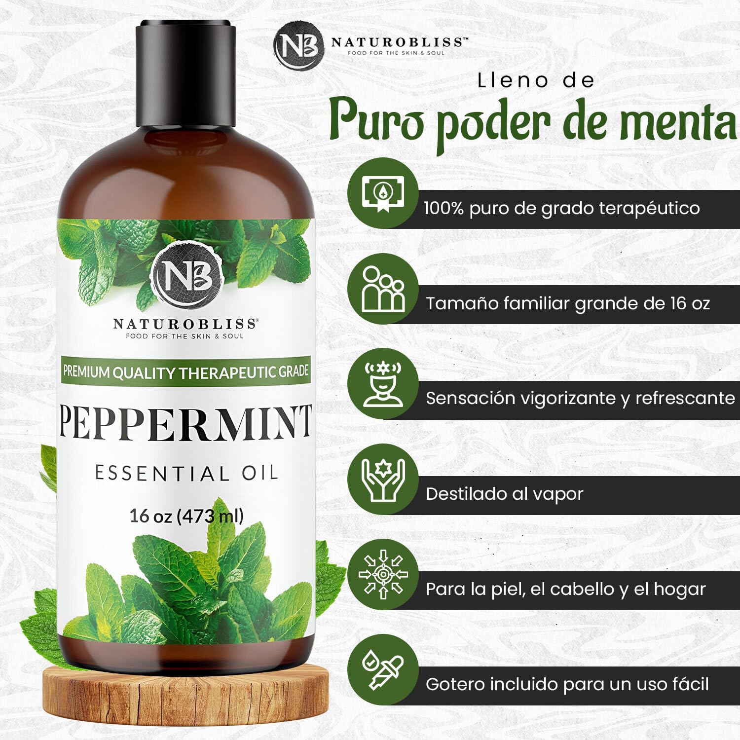 NaturoBliss Peppermint Essential Oil, 100% Pure and Natural Therapeutic Grade, Premium Quality Peppermint Oil, 16 fl. Oz - Perfect for Aromatherapy and Relaxation