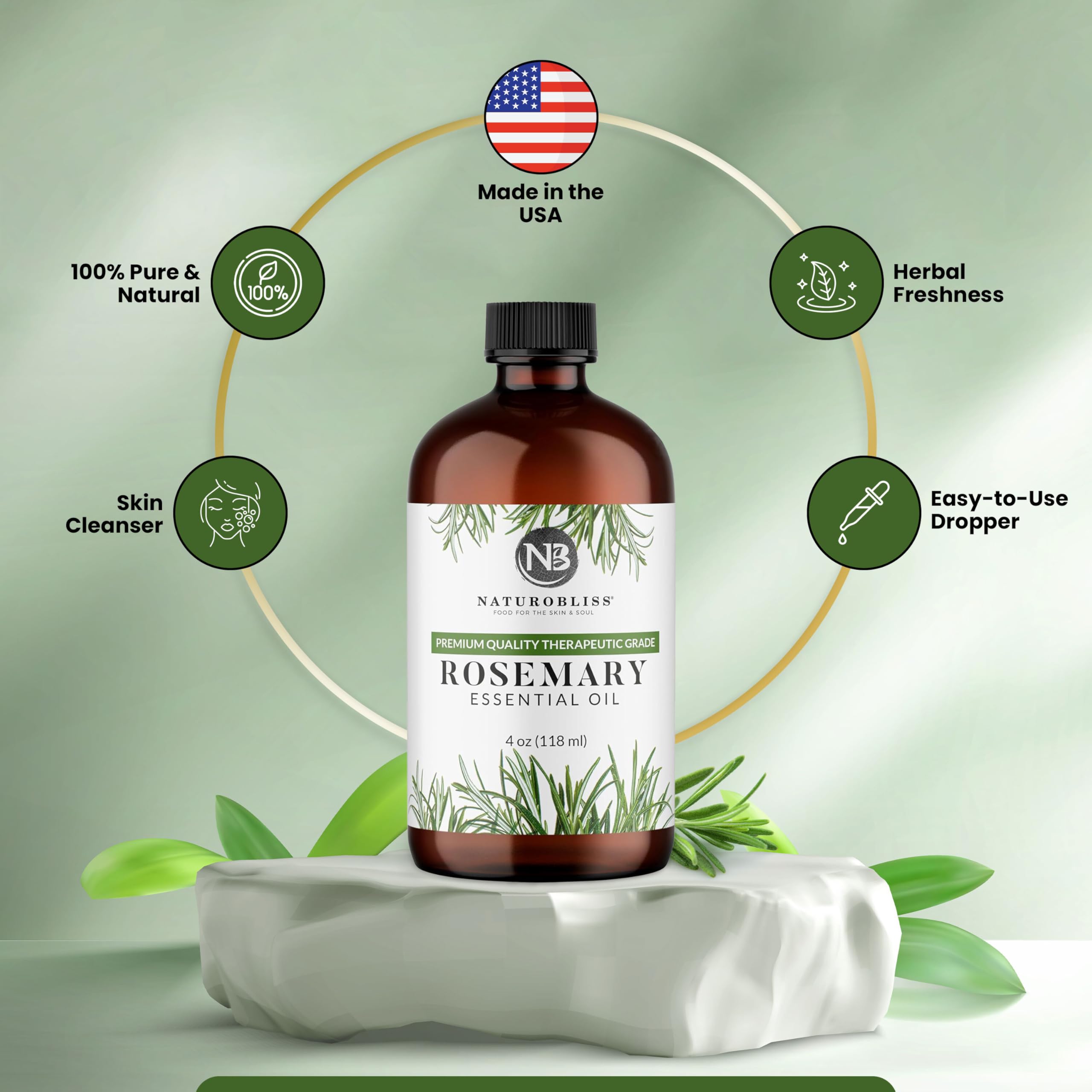 NaturoBliss Rosemary Essential Oil - 4 fl oz, 100% Pure, Therapeutic Grade, Glass Dropper