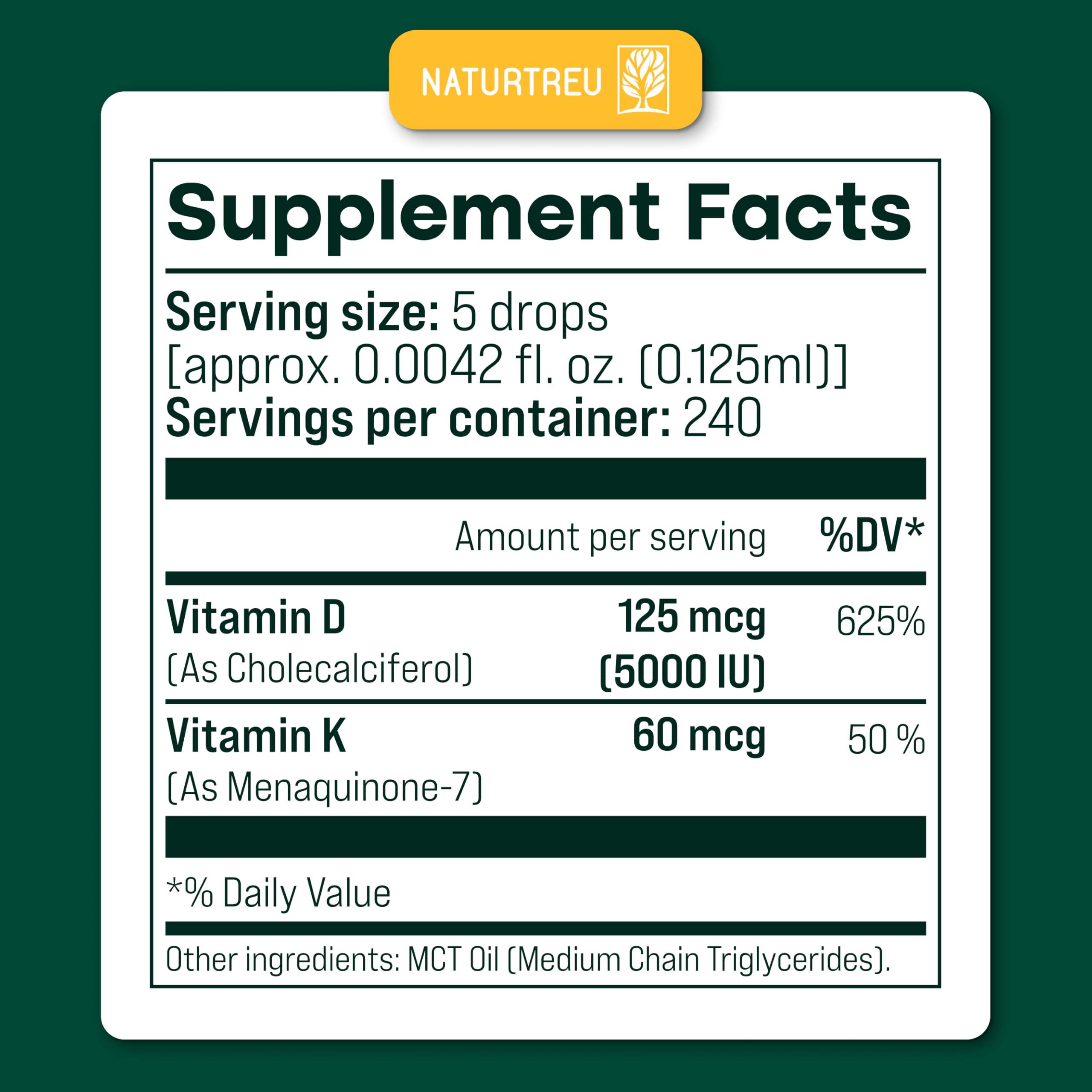 NATURTREU Vegan Vitamin D3 K2 Liquid Drops with MCT Oil - 240 Servings, 3X Absorption, Non-GMO, Doctor-Formulated