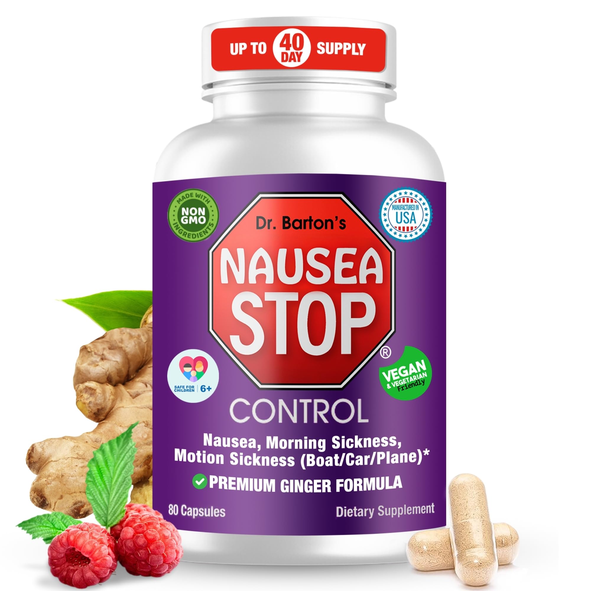 Nausea Stop Ginger Pills - Non-Drowsy Nausea Relief for Adults & Kids