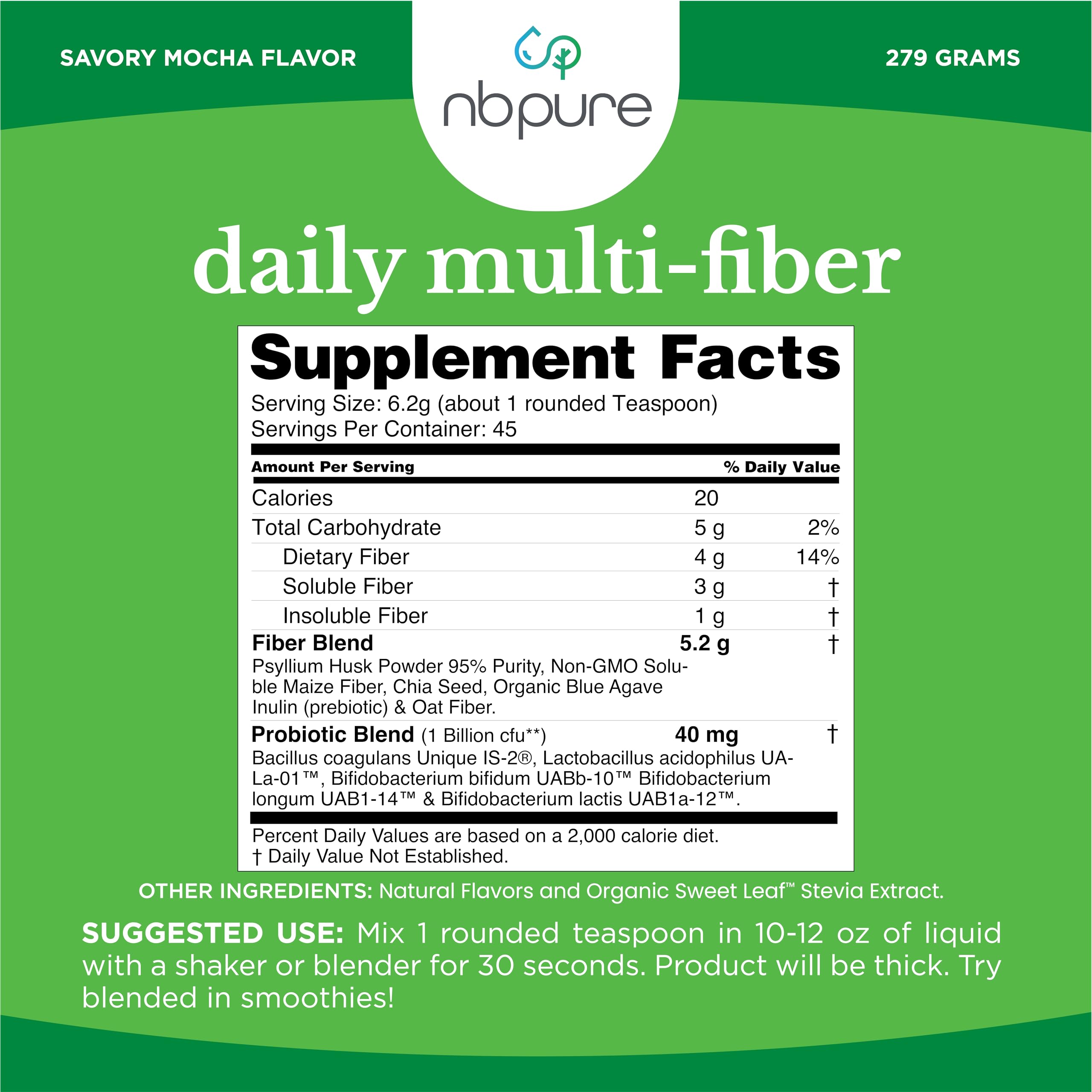 nbpure Daily Fiber Powder Blend – Digestive Health, Cholesterol Support, Weight Management | Savory Mocha, 45 Servings