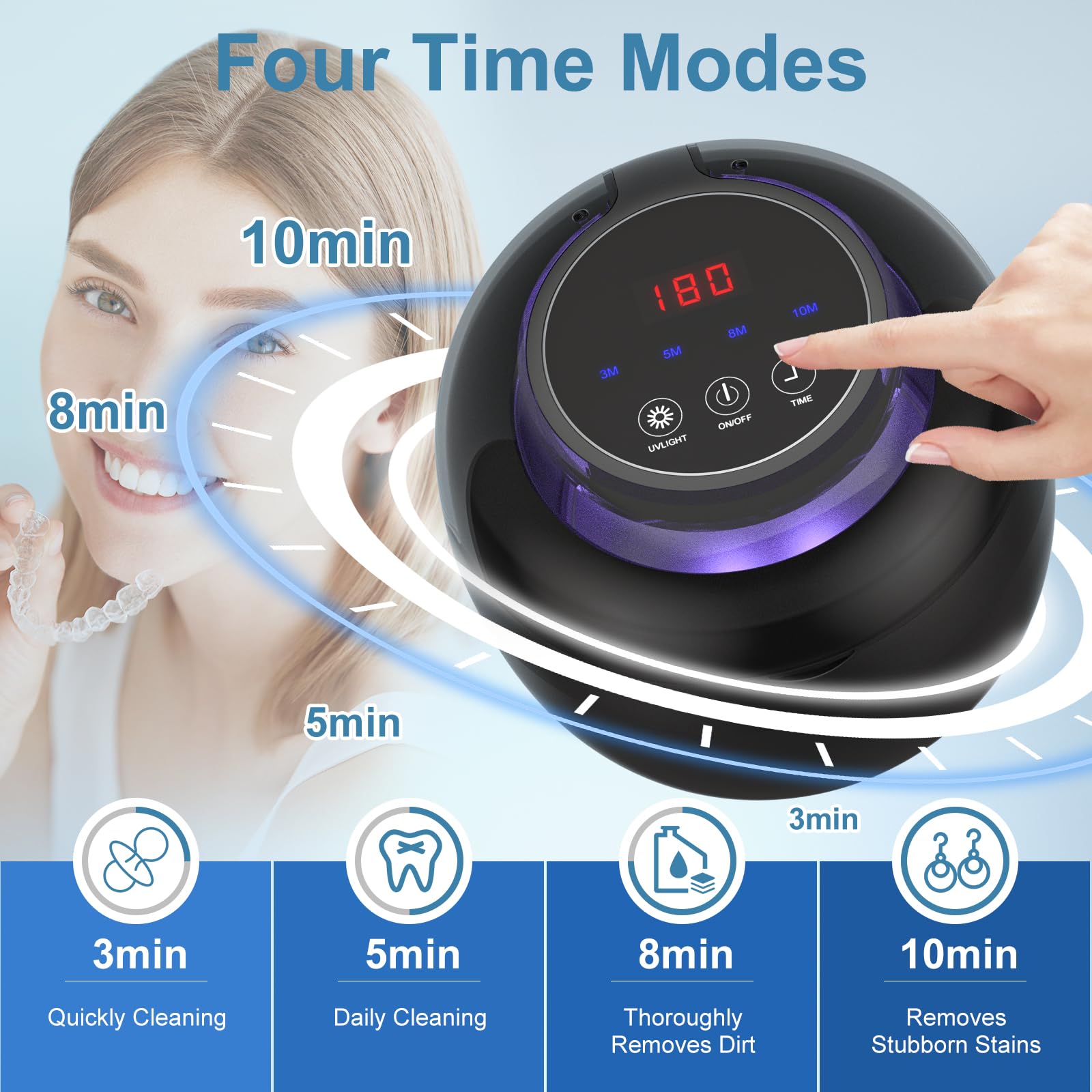 Neatevday Ultrasonic Retainer Cleaner - 250ml, 50kHz, 4 Modes, Digital Timer, for Aligners & Jewelry - Black