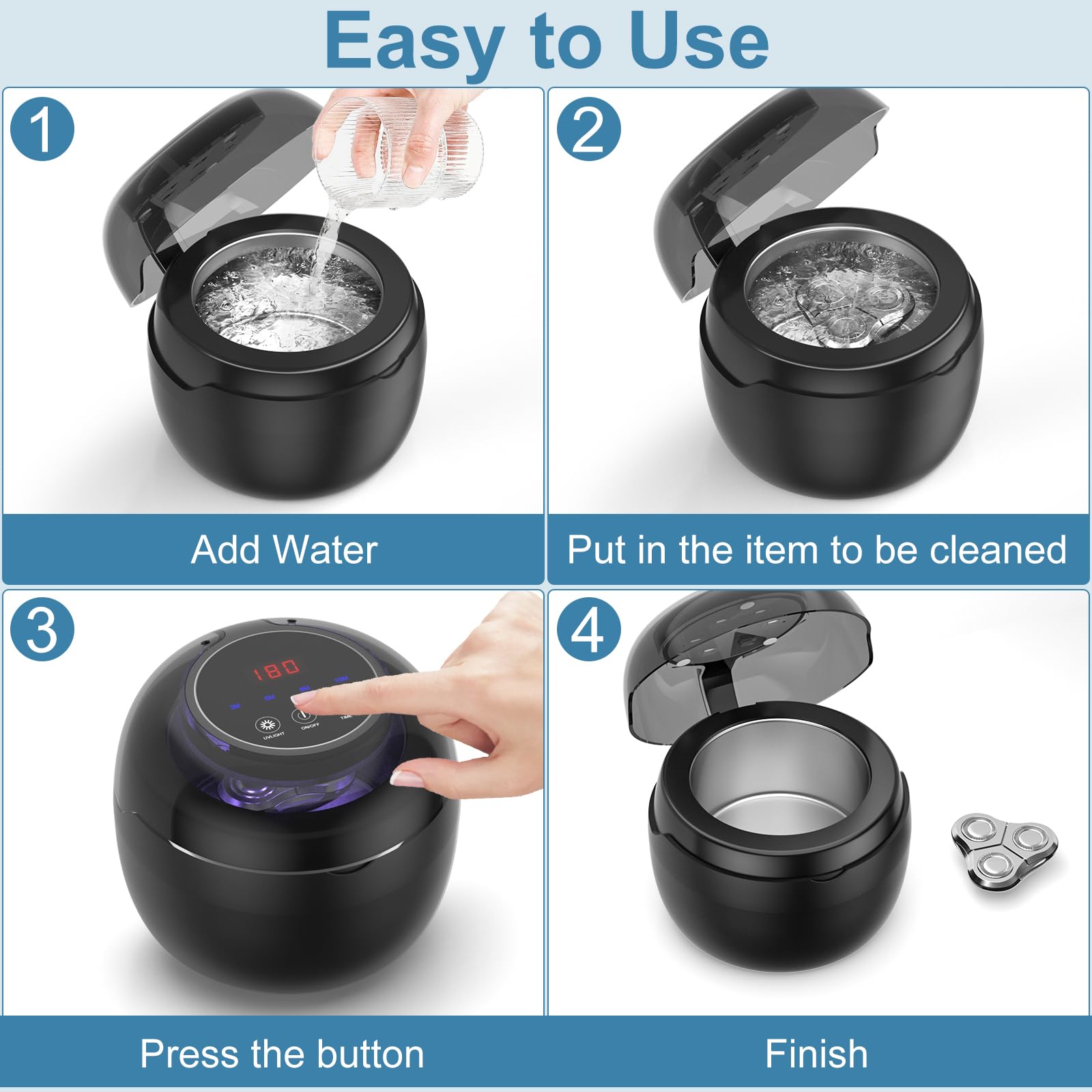 Neatevday Ultrasonic Retainer Cleaner - 250ml, 50kHz, 4 Modes, Digital Timer, for Aligners & Jewelry - Black