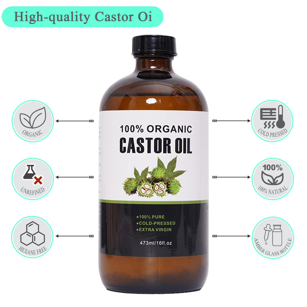 Castor Oil Organic Cold Pressed Unrefined – Glass Bottle 16oz/473ml | 6-Piece Castor Oil Pack Kit
