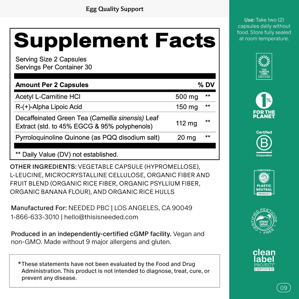 Needed Egg Quality Support - Antioxidant Fertility Supplement for Women | 60 Capsules