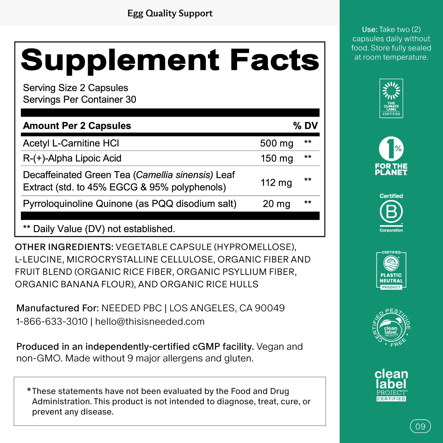 Needed Egg Quality Support - Antioxidant Fertility Supplement for Women | 60 Capsules