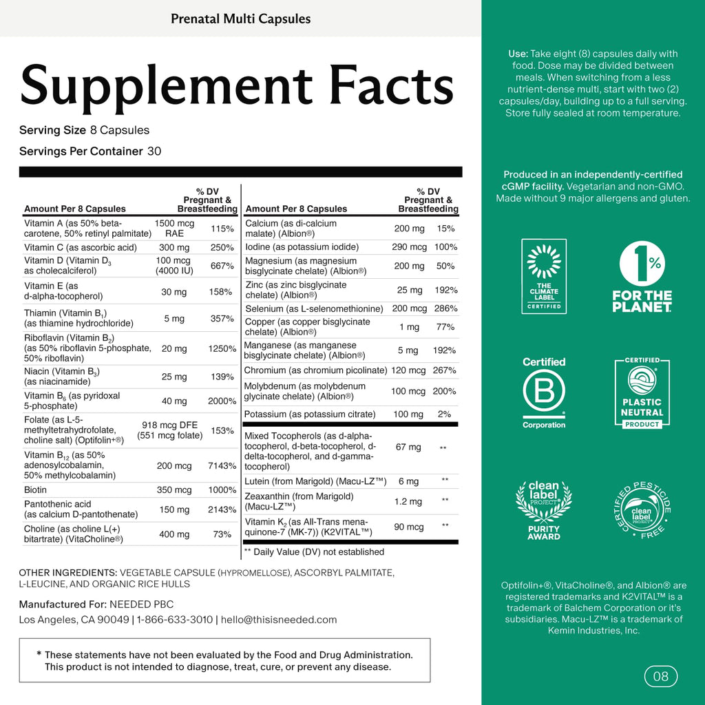 Needed Prenatal Multivitamin with Choline – 30-Day Supply, Third-Party Tested