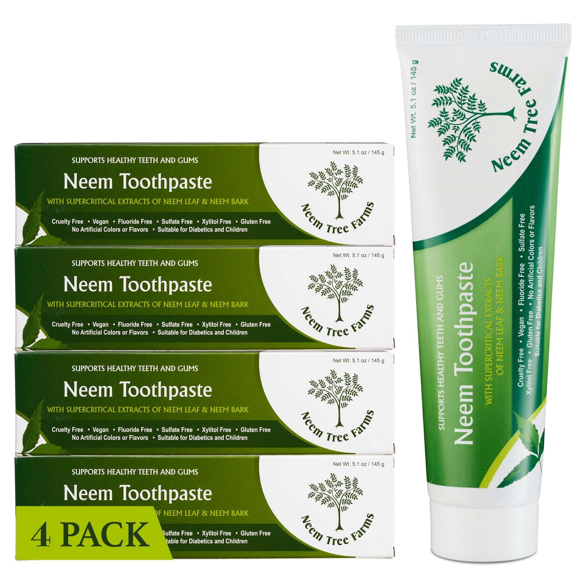 Neem Fluoride Free Toothpaste - Vegan, Gluten Free - Clove & Stevia - 4 Pack