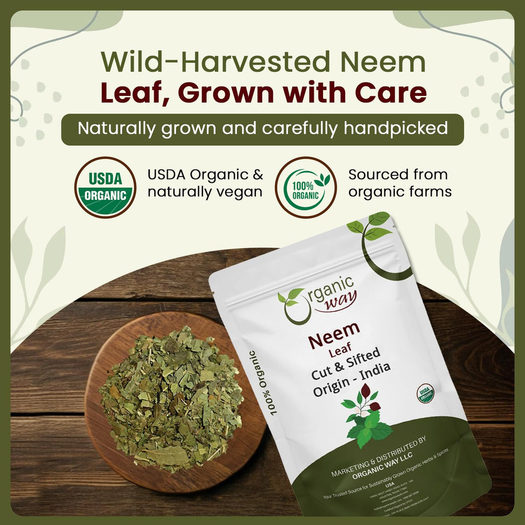 Organic Neem Leaf Cut & Sifted - Herbal Tea | Premium Dried Neem Leaves | USDA Certified | Non-GMO & Gluten Free | Origin India (4 oz)