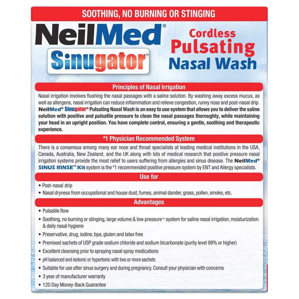 NeilMed Sinugator Cordless Pulsating Nasal Wash Kit | 30 Premixed Packets + 3 AA Batteries