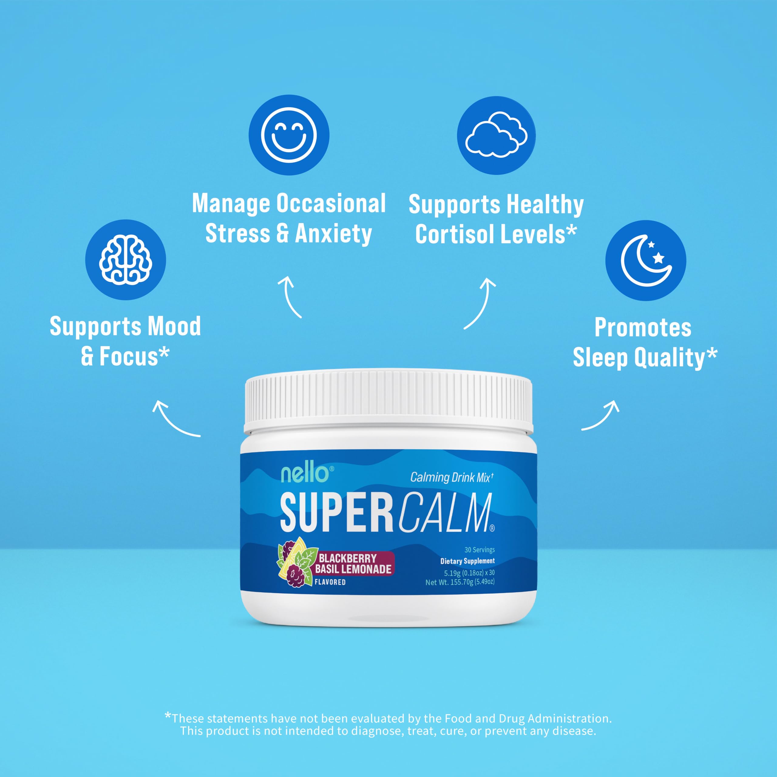 Nello SuperCalm Powdered Drink Mix Tub - Cortisol Reducer* & Sleep Aid - L Theanine, KSM-66 Ashwagandha, Magnesium Glycinate, Vitamin D3 - No Sugar, Non GMO - 30 Servings - BlackBerry Basil