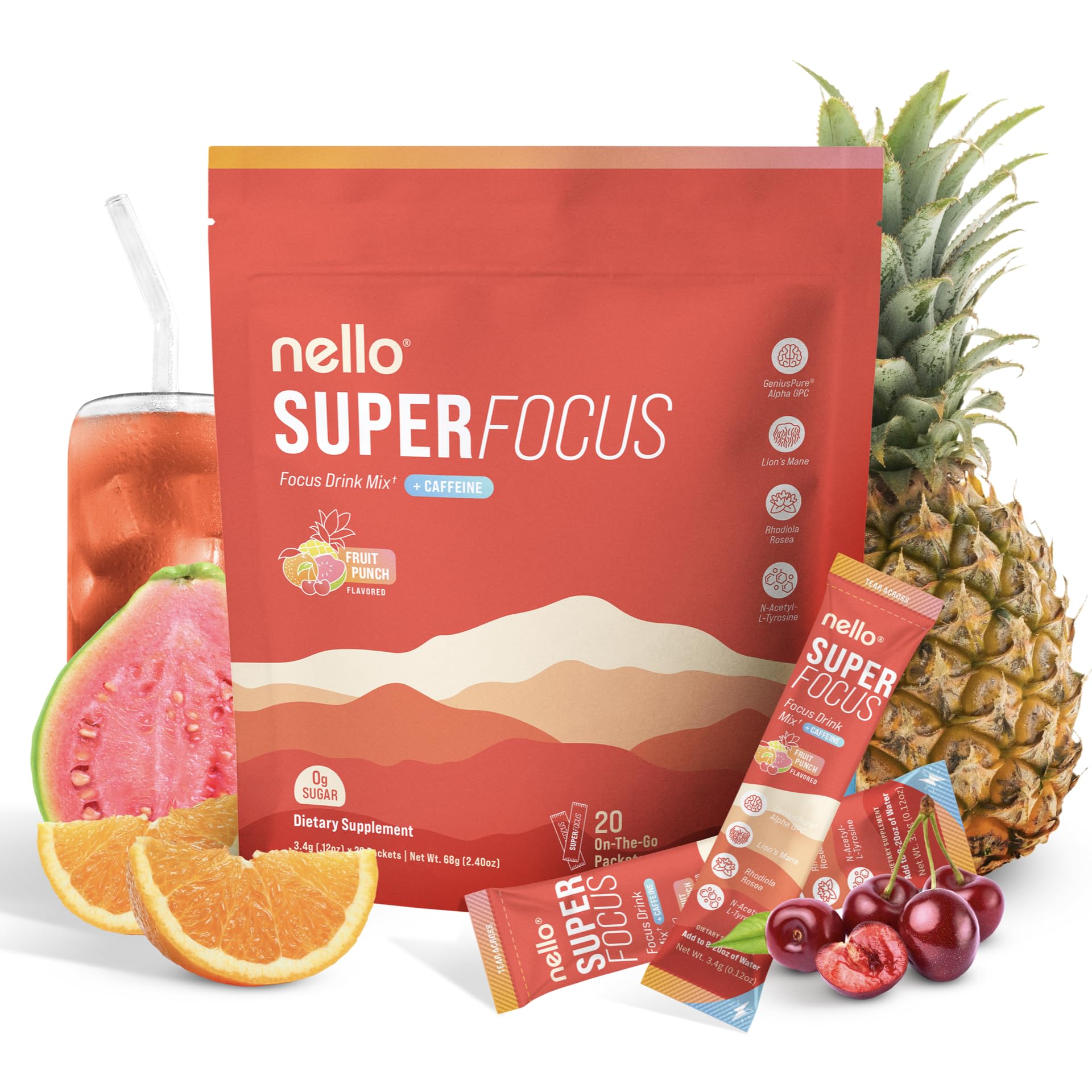 Nello Superfocus Fruit Punch – Sugar-Free Nootropic Drink Mix with 75 mg Caffeine, 20 Packets