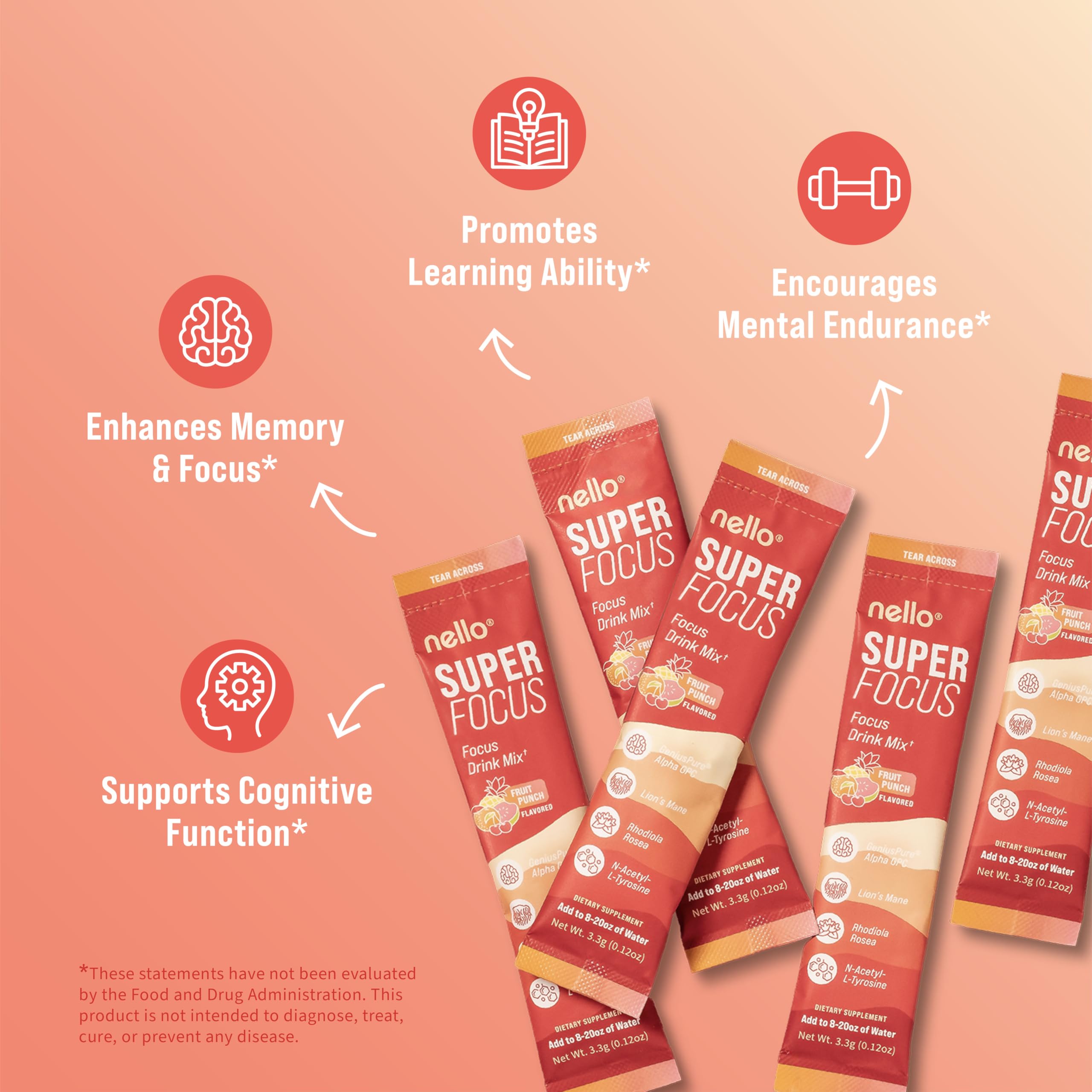 Nello Superfocus Drink Mix – Fruit Punch, Sugar-Free, On-The-Go Packets
