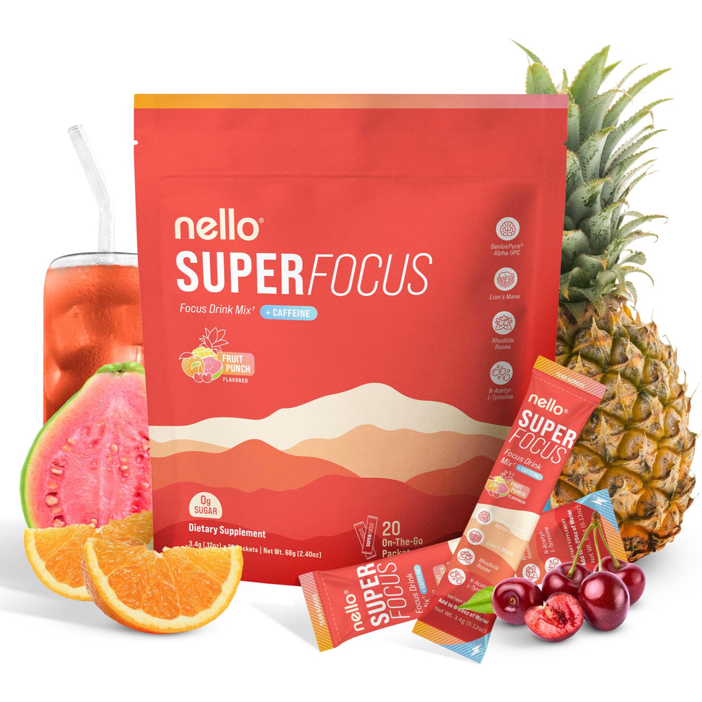 Nello Superfocus Fruit Punch – Sugar-Free Nootropic Drink Mix with 75 mg Caffeine, 20 Packets