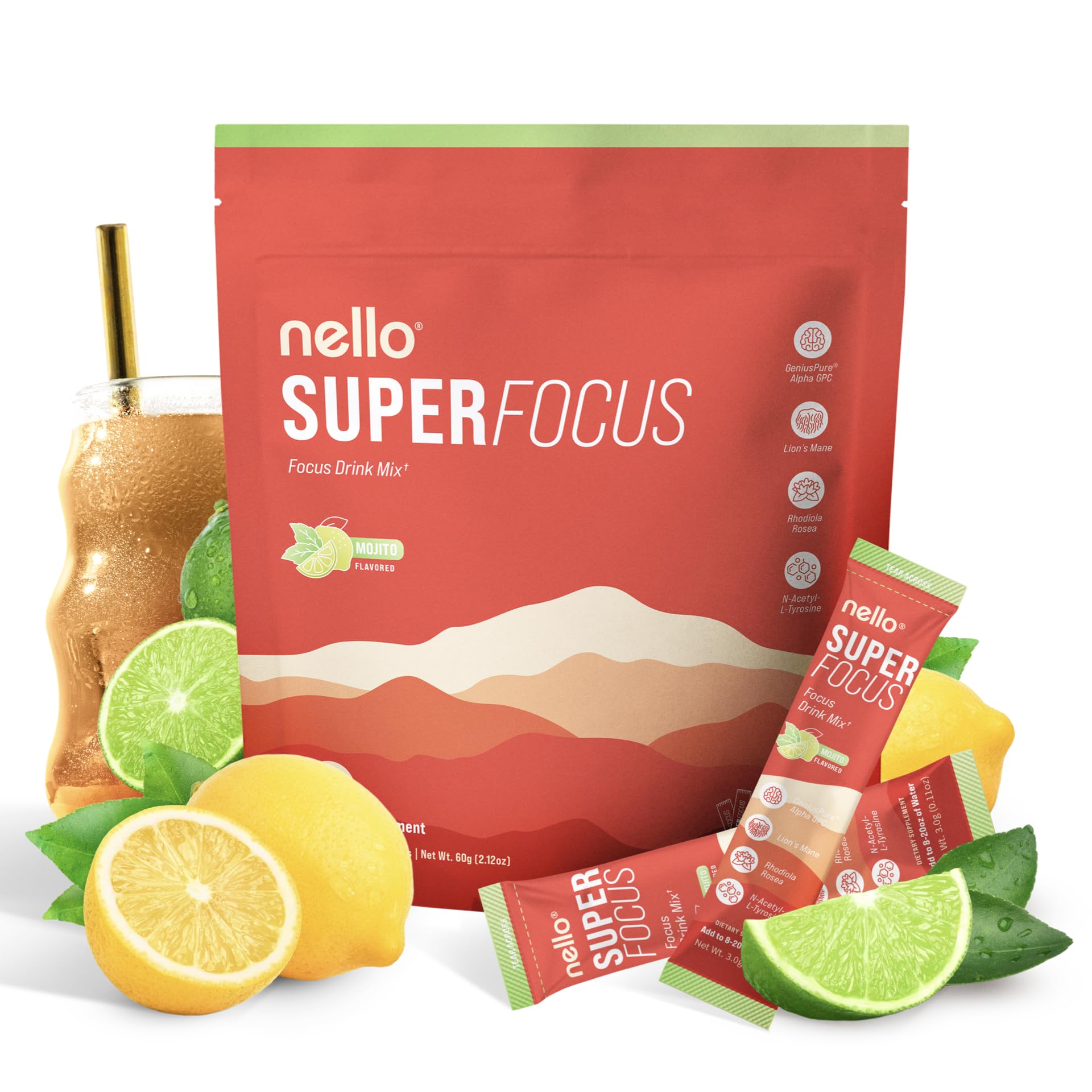 Nello Superfocus Mojito – Sugar-Free Nootropic Drink Mix (20 Packets) for Focus