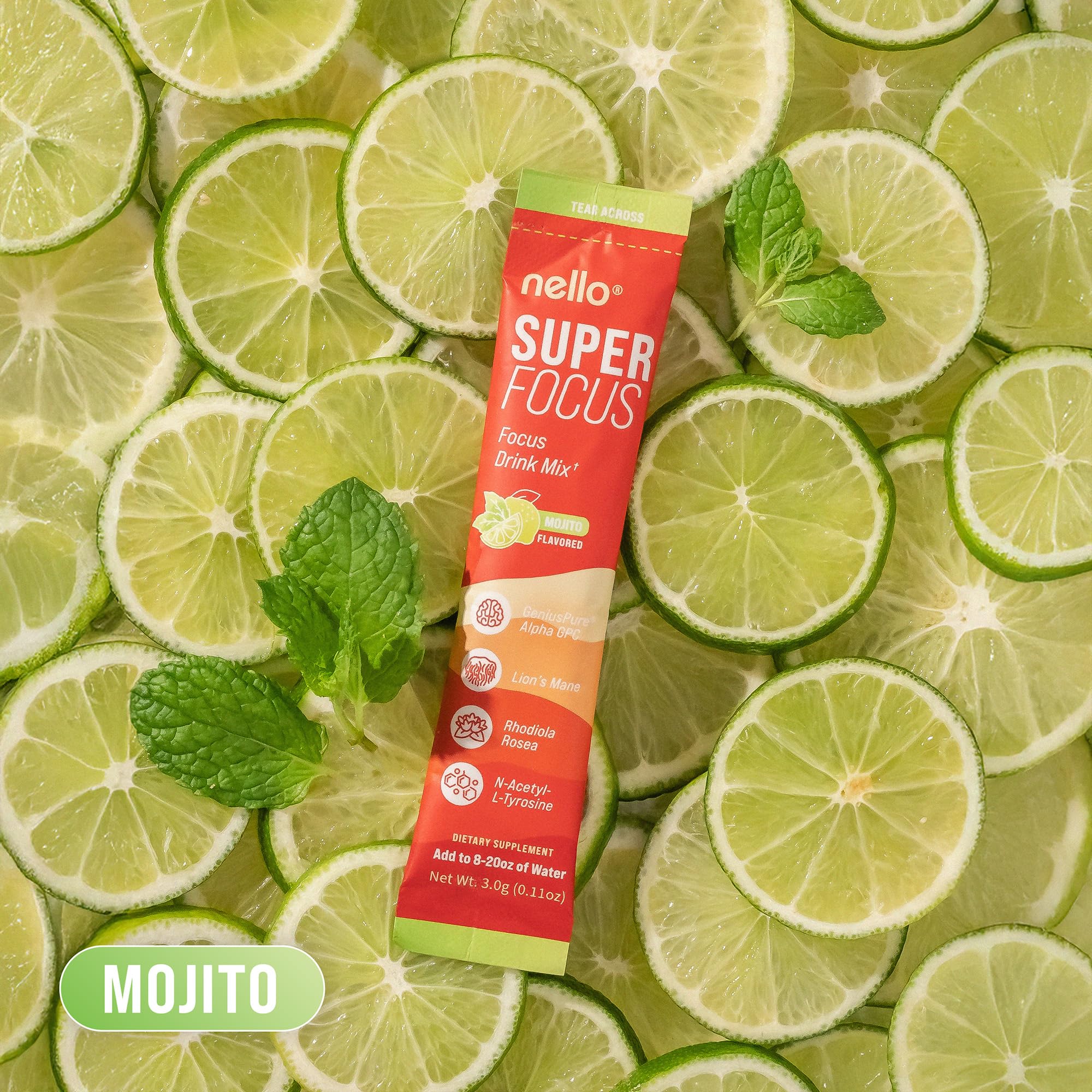 Nello Superfocus Mojito – Sugar-Free Nootropic Drink Mix (20 Packets) for Focus