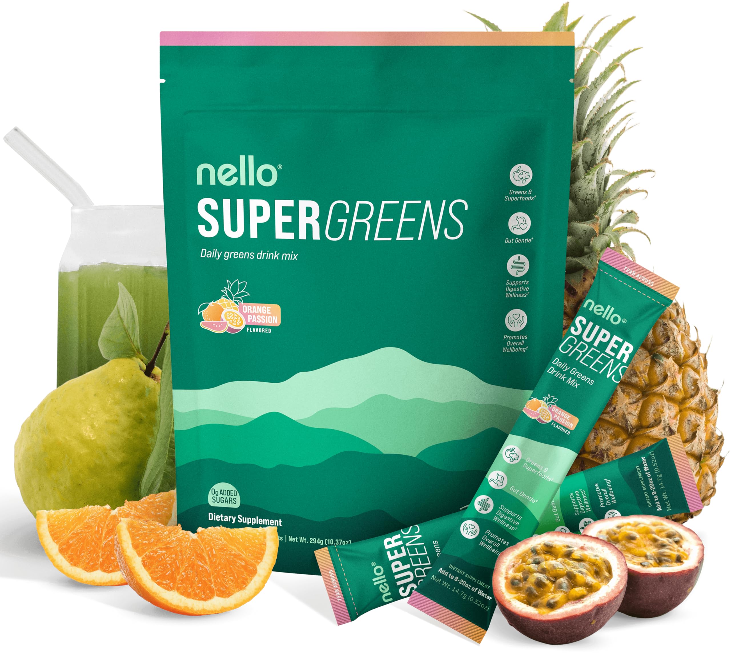 Nello Supergreens Premium Greens Drink Mix with Chlorella, Moringa, Spinach & Probiotics – Orange Travel Pack (20 Servings)