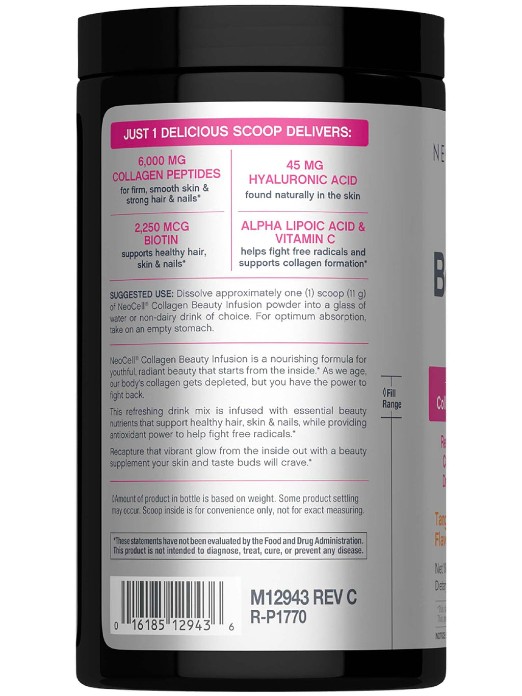 NeoCell Collagen Beauty Infusion Powder with Biotin, Vitamin C & Hyaluronic Acid – Collagen Type 1 & 3, Tangerine, Gluten Free, 11.64 oz