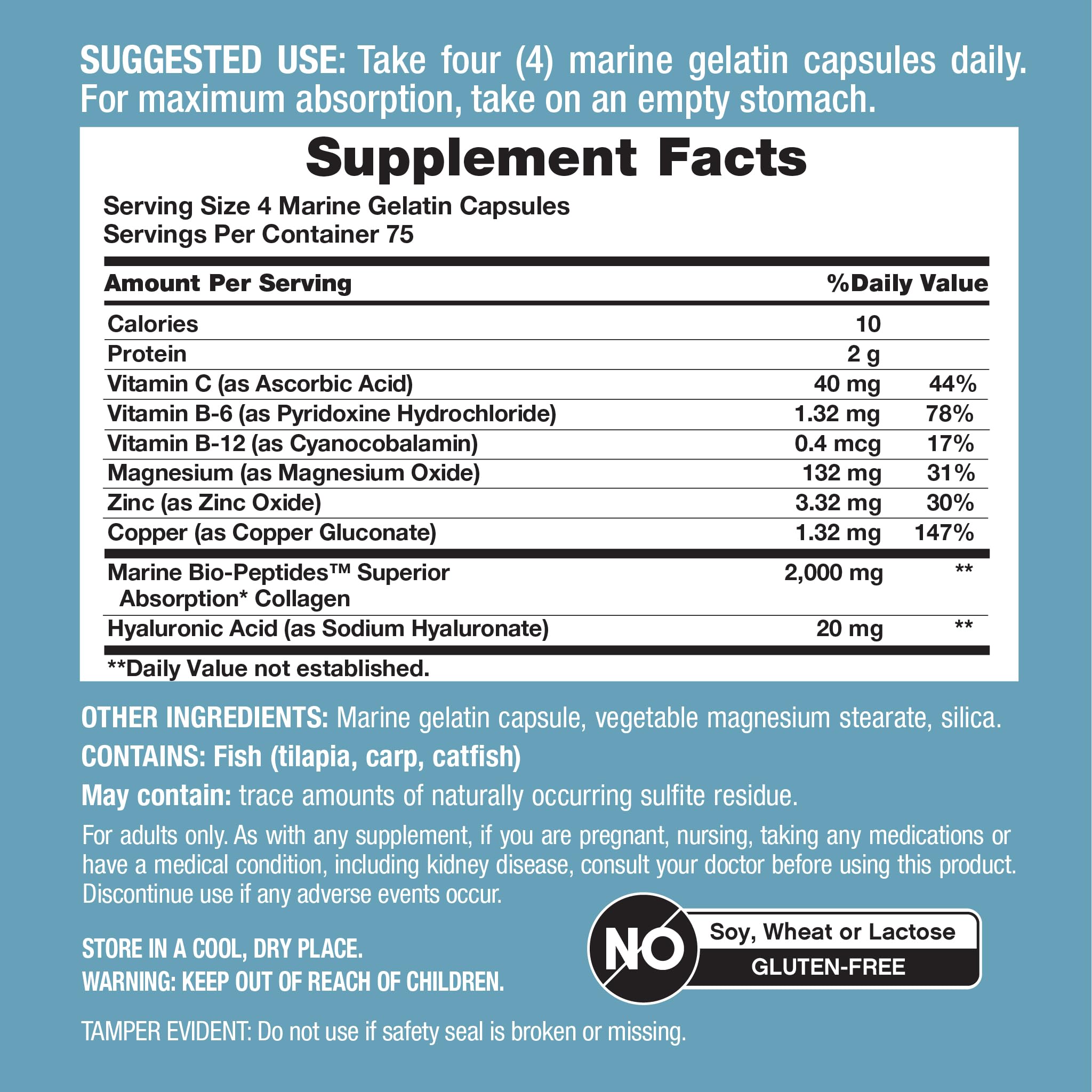 NeoCell Marine Collagen Peptides Capsules | 300 Pills | Hyaluronic Acid + Vitamin C