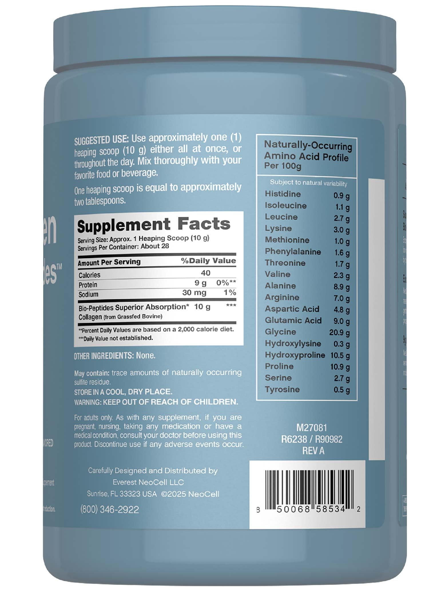 NeoCell Collagen Bio-Peptides Powder - 10oz | Grass-Fed, 18 Essential Amino Acids