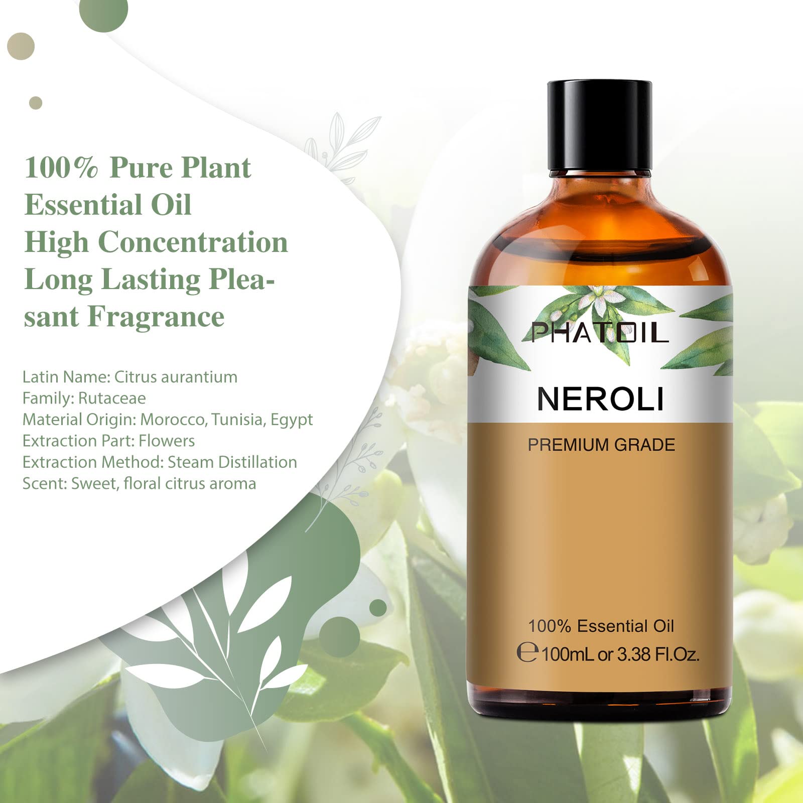 Neroli Essential Oil 100ml (3.38fl.oz) | PHATOIL Pure Aromatherapy for Diffusers & DIY Crafts