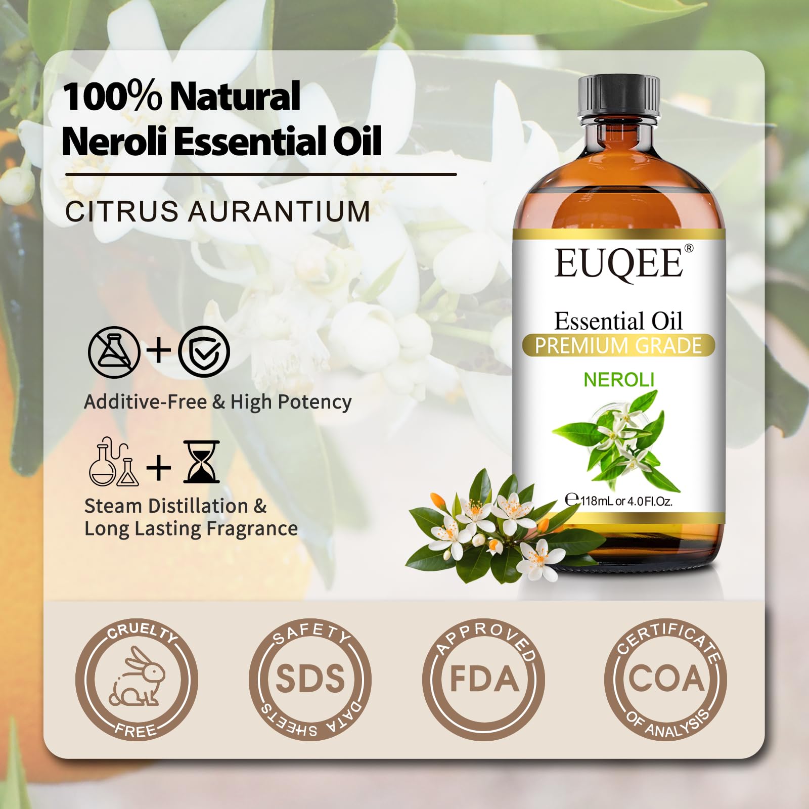 EUQEE Neroli Essential Oil 118mL (4oz) - Pure Neroli Oil for Diffuser, Aromatherapy & DIY Soap