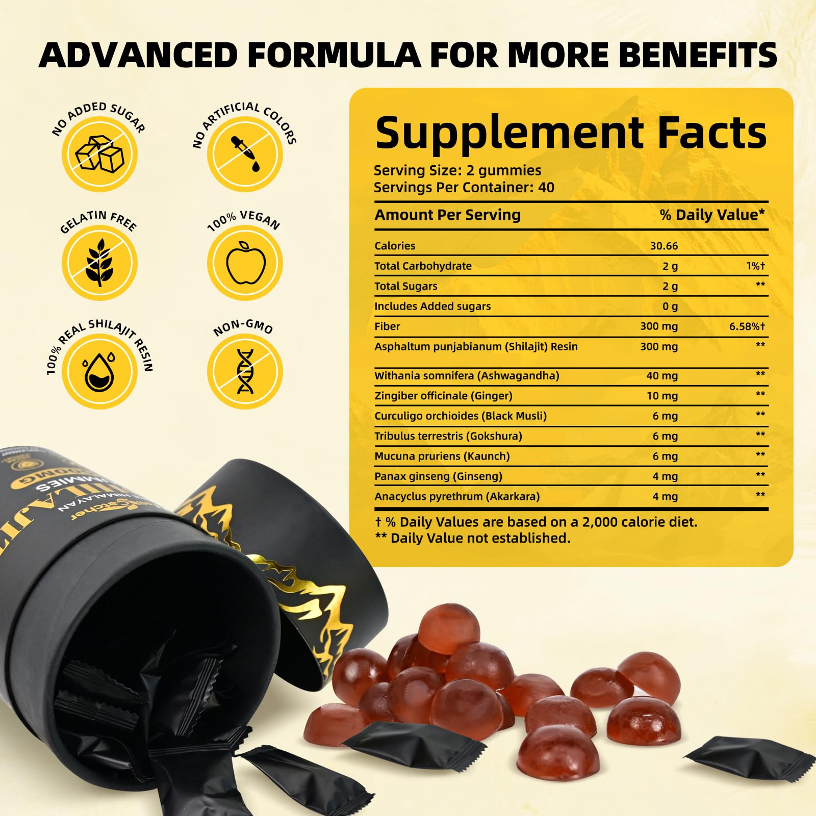 Shilajit Gummies for Men & Women — Pure Himalayan Shilajit with Ashwagandha, 85+ Minerals, No Sugar, 40 Servings