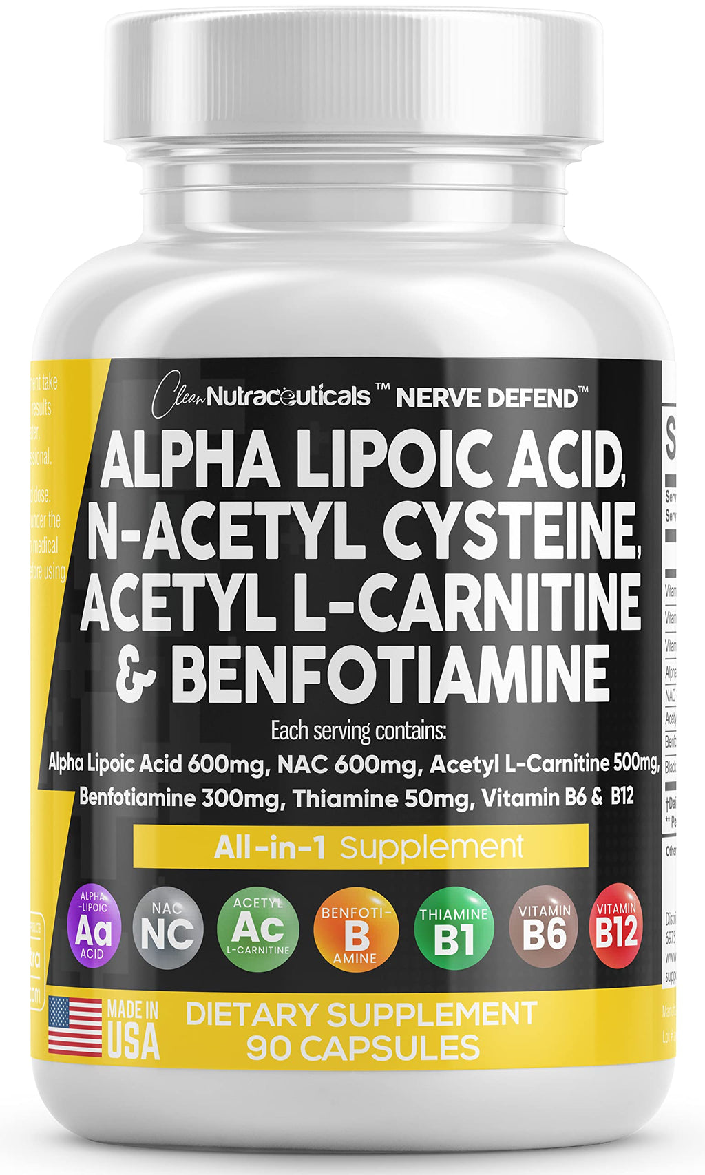 Alpha Lipoic Acid 600mg NAC 600mg Acetyl L-Carnitine 500mg Benfotiamine 300mg – Nerve Support Supplement (Made in USA) 90 Caps