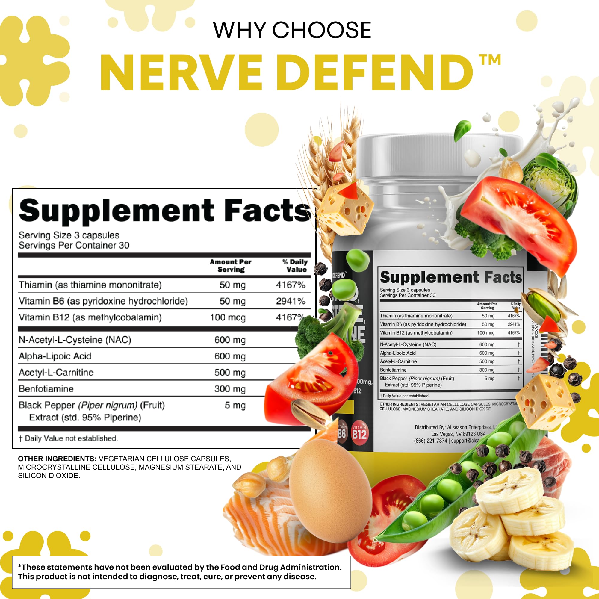 Alpha Lipoic Acid 600mg NAC 600mg Acetyl L-Carnitine 500mg Benfotiamine 300mg – Nerve Support Supplement (Made in USA) 90 Caps