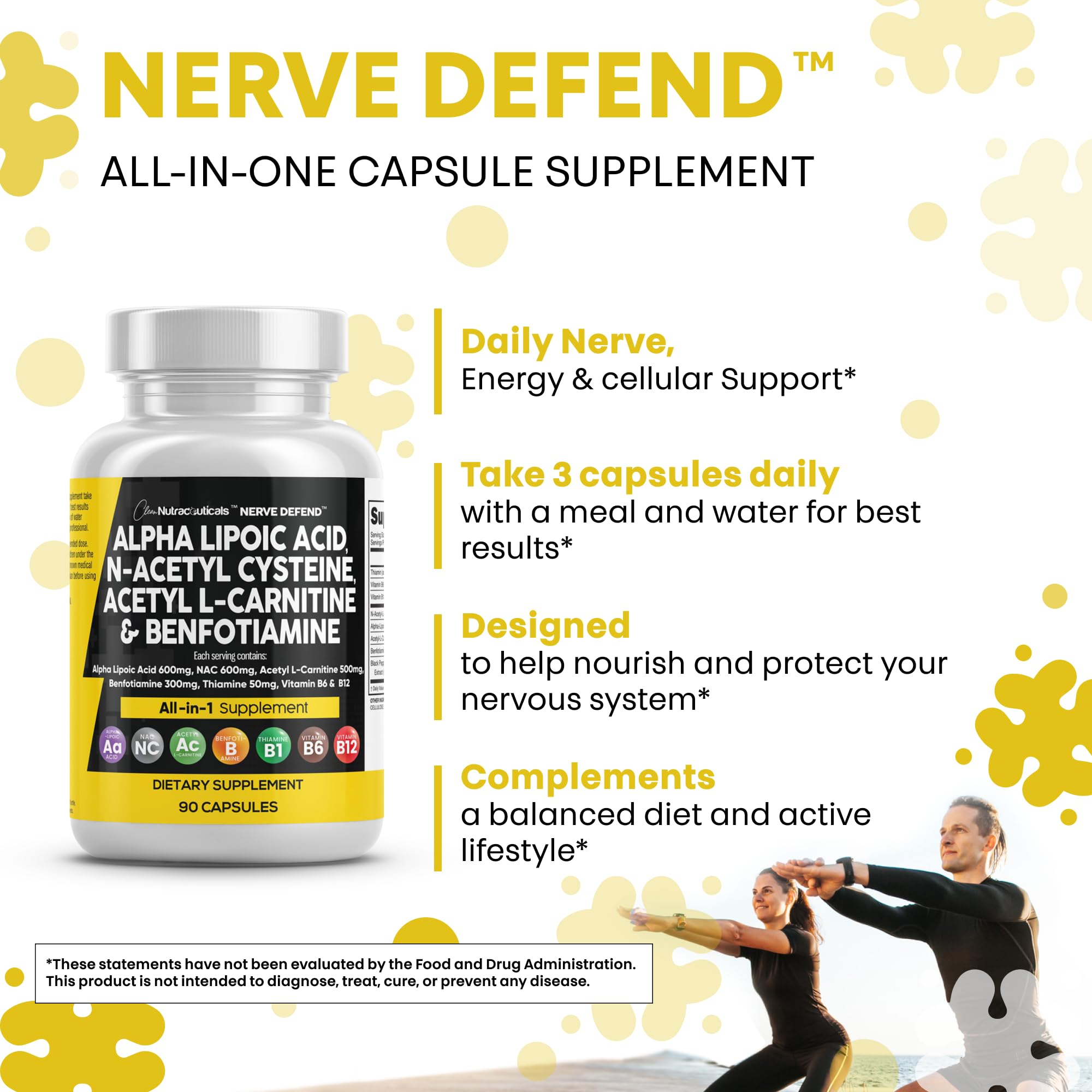 Alpha Lipoic Acid 600mg NAC 600mg Acetyl L-Carnitine 500mg Benfotiamine 300mg – Nerve Support Supplement (Made in USA) 90 Caps