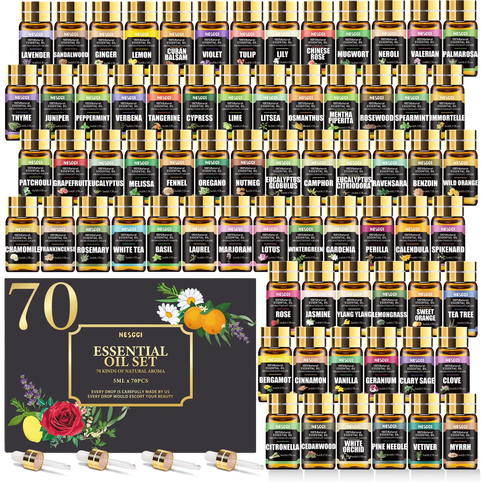 NESCCI 70 Essential Oils Gift Set for Diffusers, Candles & DIY Soaps – Halloween & Christmas