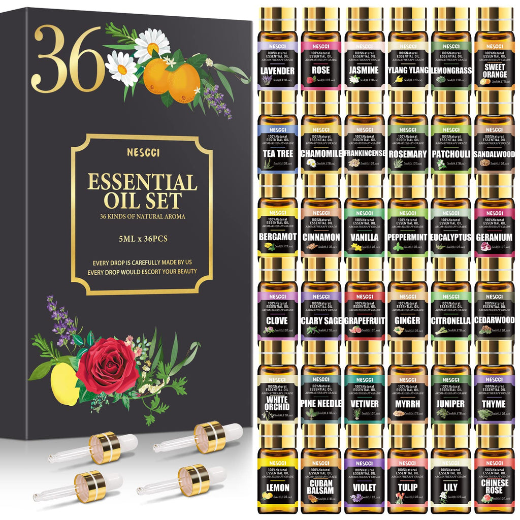 NESCCI Essential Oil Set - 36 x 5ml Essential Oils Gift Set for Diffusers, Candles and DIY
